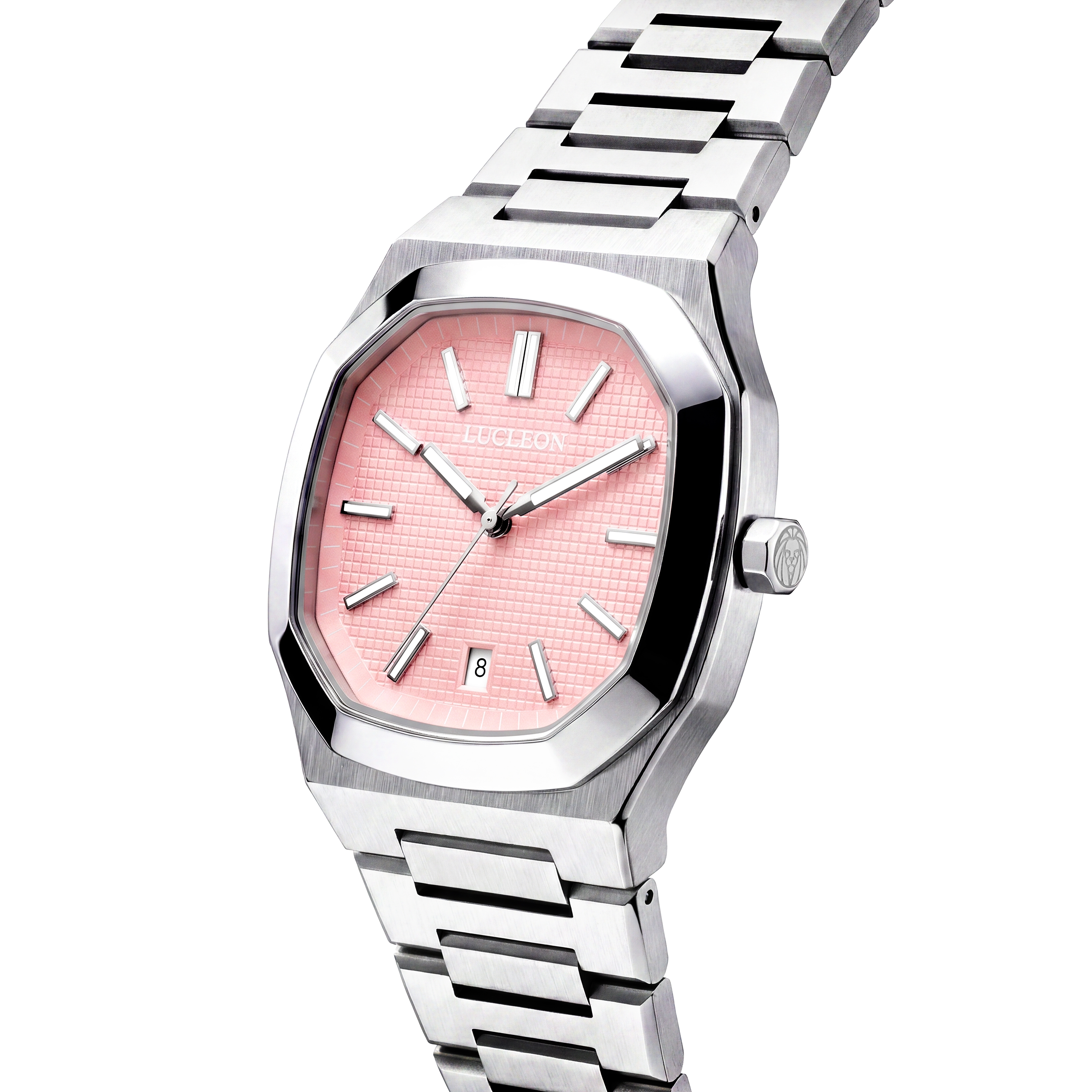 Vector | Reloj octogonal de acero inoxidable en tono plateado con esfera rosa claro - 2