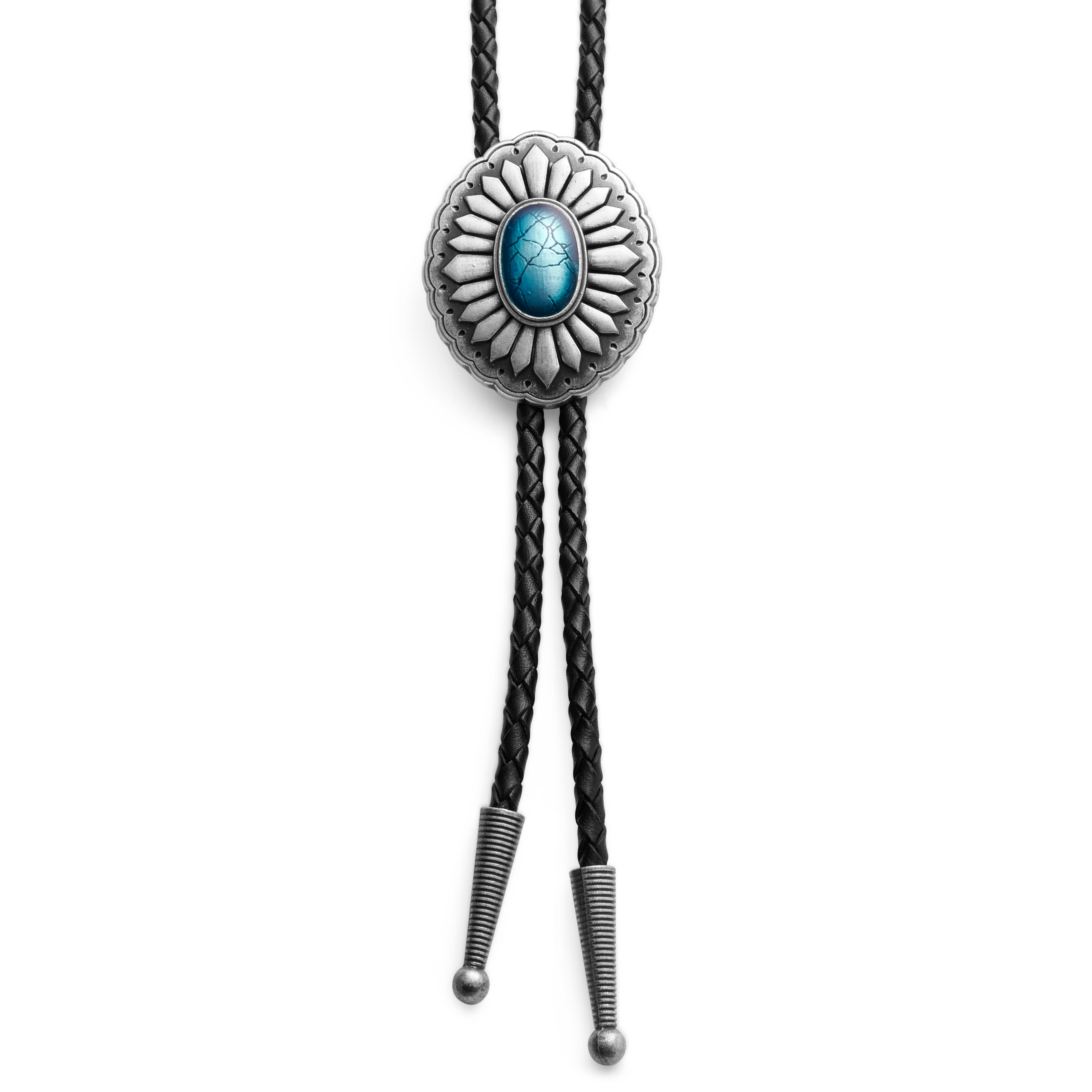 Turquoise Stone & Metal Adjustable Braided Leather Bolo Tie