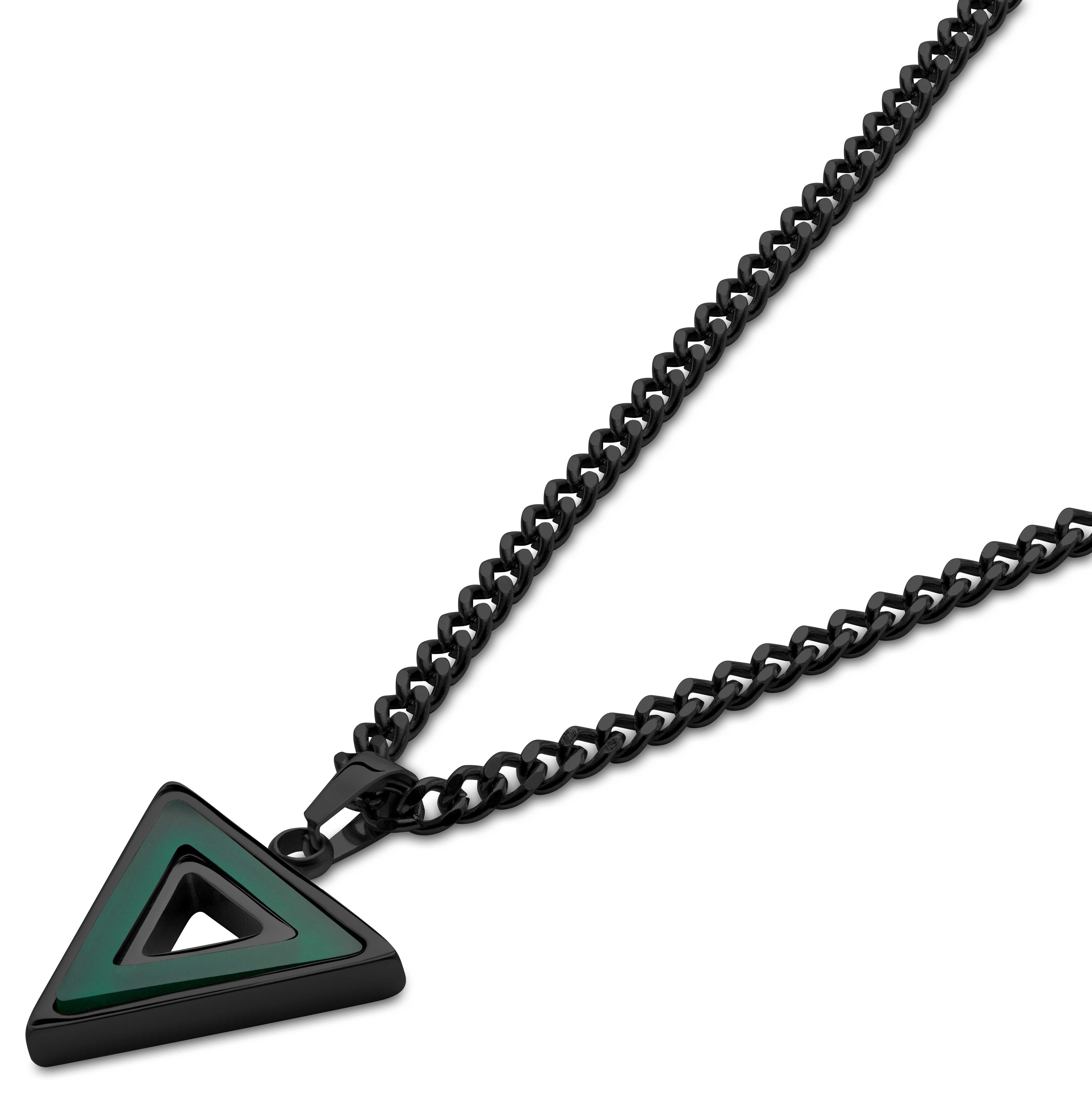 Cruz | Black Stainless Steel &amp; Green Agate Triangle Necklace - 2