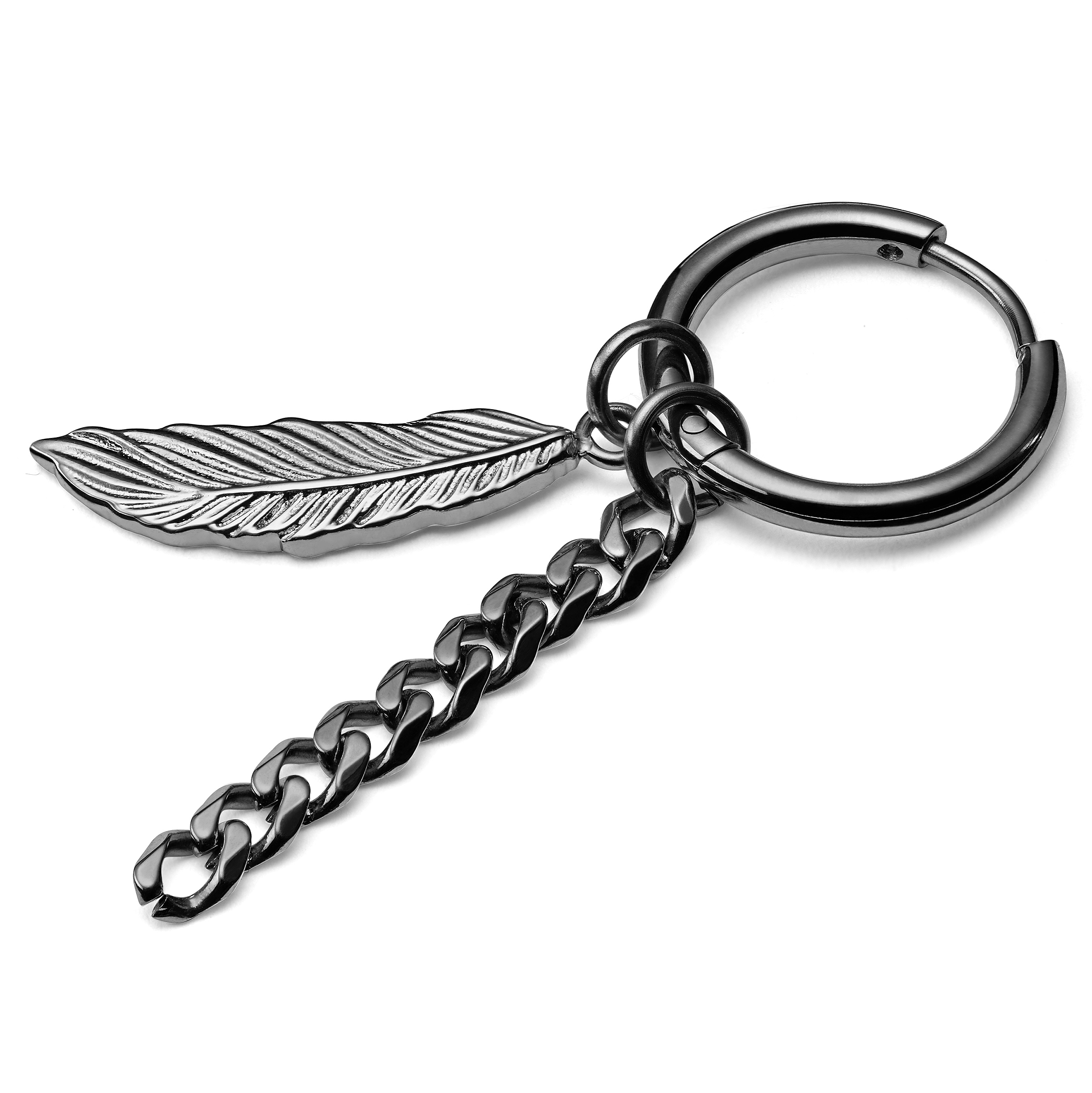 Black Steel Drop Hoop Earring with Feather & Chain Charms - 2