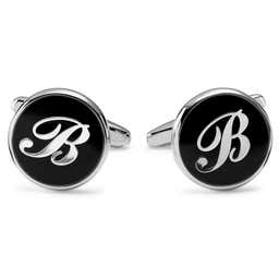 Round Silver-Tone & Black Letter B Initial Cufflinks