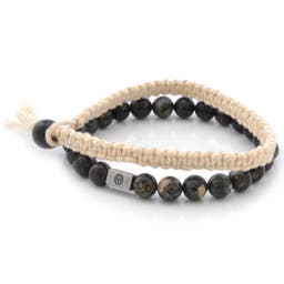 Black & Natural Stone & Braided White Cotton Bracelet Set
