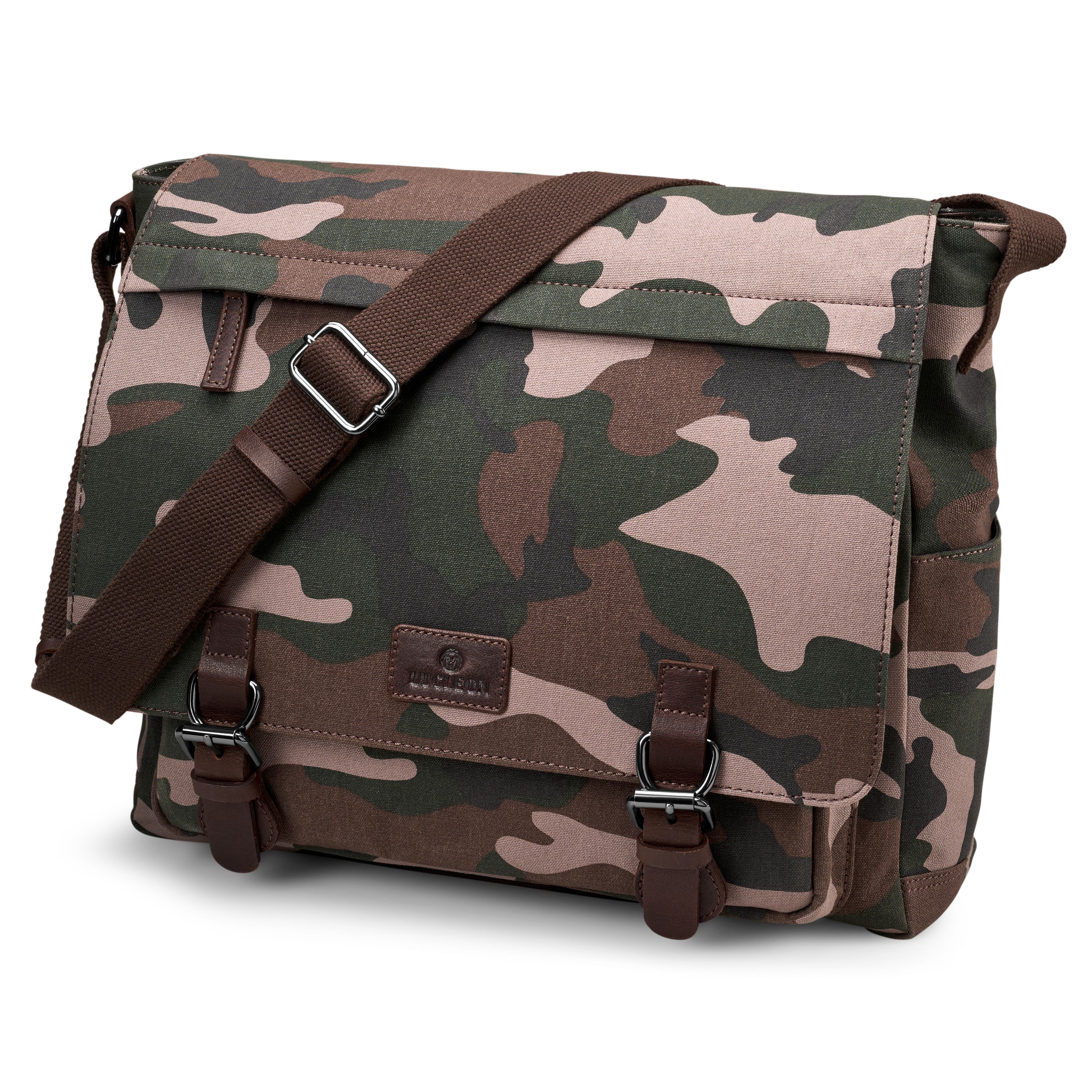 Geantă satchel cu model de camuflaj cu frunze din pânză și piele de bivol Geantă satchel cu model de camuflaj cu frunze din pânză și piele de bivol