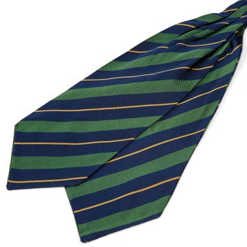 Cravate Ascot en soie bleu marine à rayures vertes et dorées