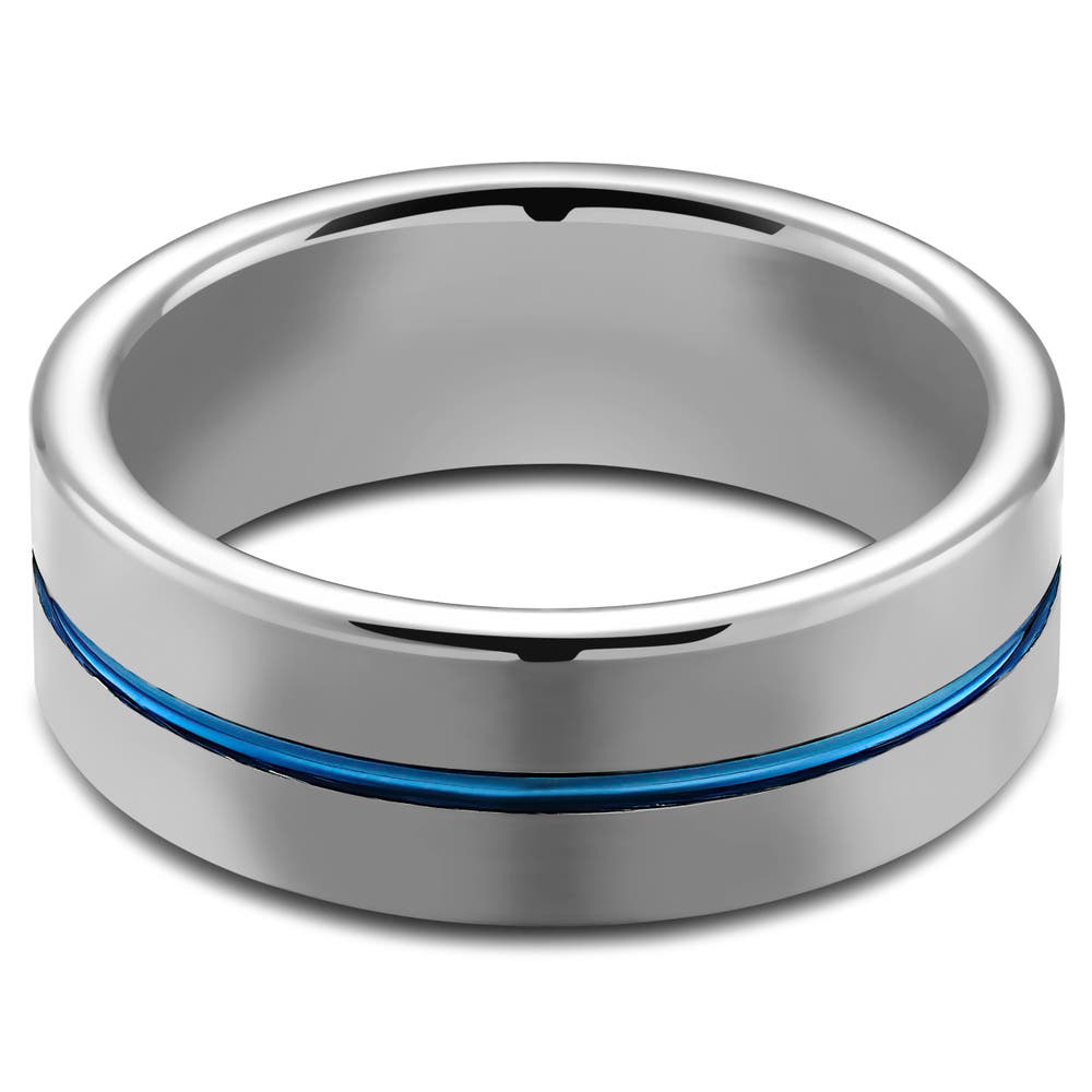 hover: Terra | 8 mm Blue Grooved Silver-Tone Tungsten Carbide Ring hover: Terra | 8 mm Blue Grooved Silver-Tone Tungsten Carbide Ring