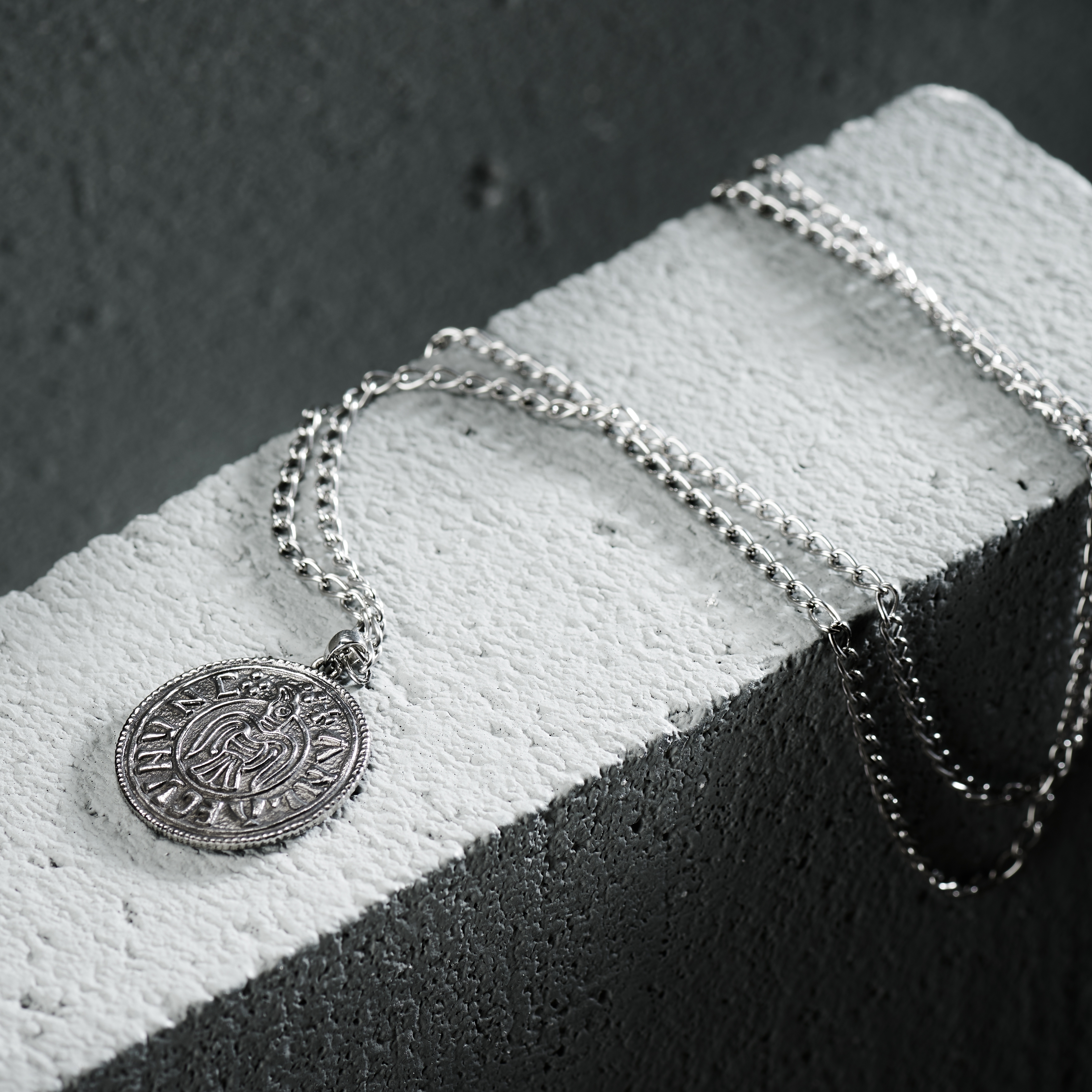 Silver-Tone Stainless Steel Viking Coin Cable Chain Necklace - 9