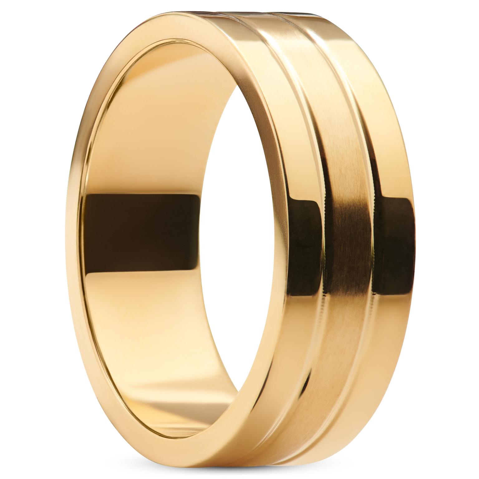 Ferrum | 8 mm Vlakke Goudkleurige Gepolijste & Geborstelde Roestvrijstalen Dubbelgegroefde Ring Ferrum | 8 mm Vlakke Goudkleurige Gepolijste & Geborstelde Roestvrijstalen Dubbelgegroefde Ring