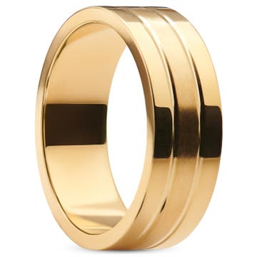 Ferrum | 8 mm złocisty płaski, polerowany i szczotkowany pierścionek ze stali nierdzewnej z podwójnym rowkiem