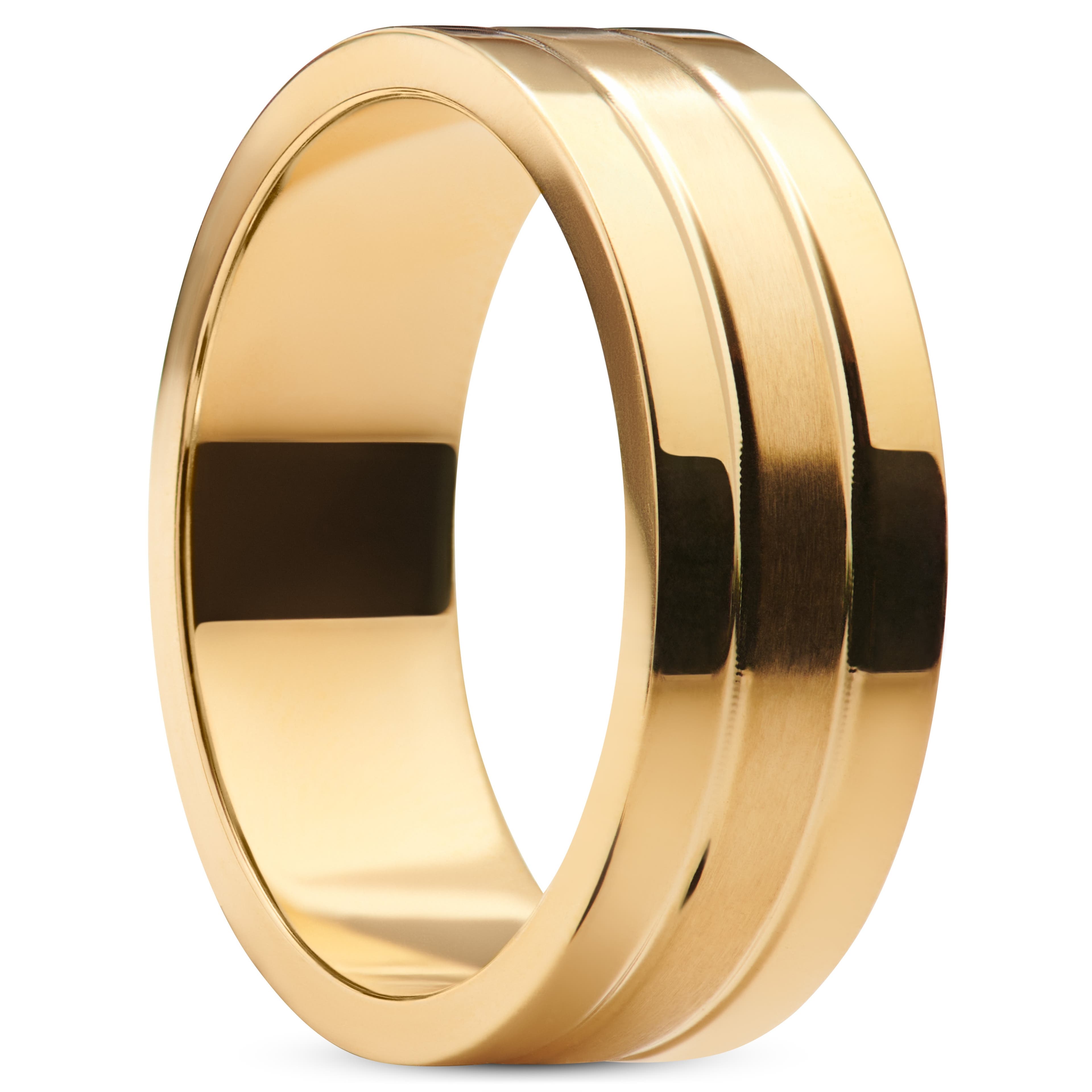 Ferrum | 8 mm Flat Gold-tone Polished & Brushed Stainless Steel Double-grooved Ring