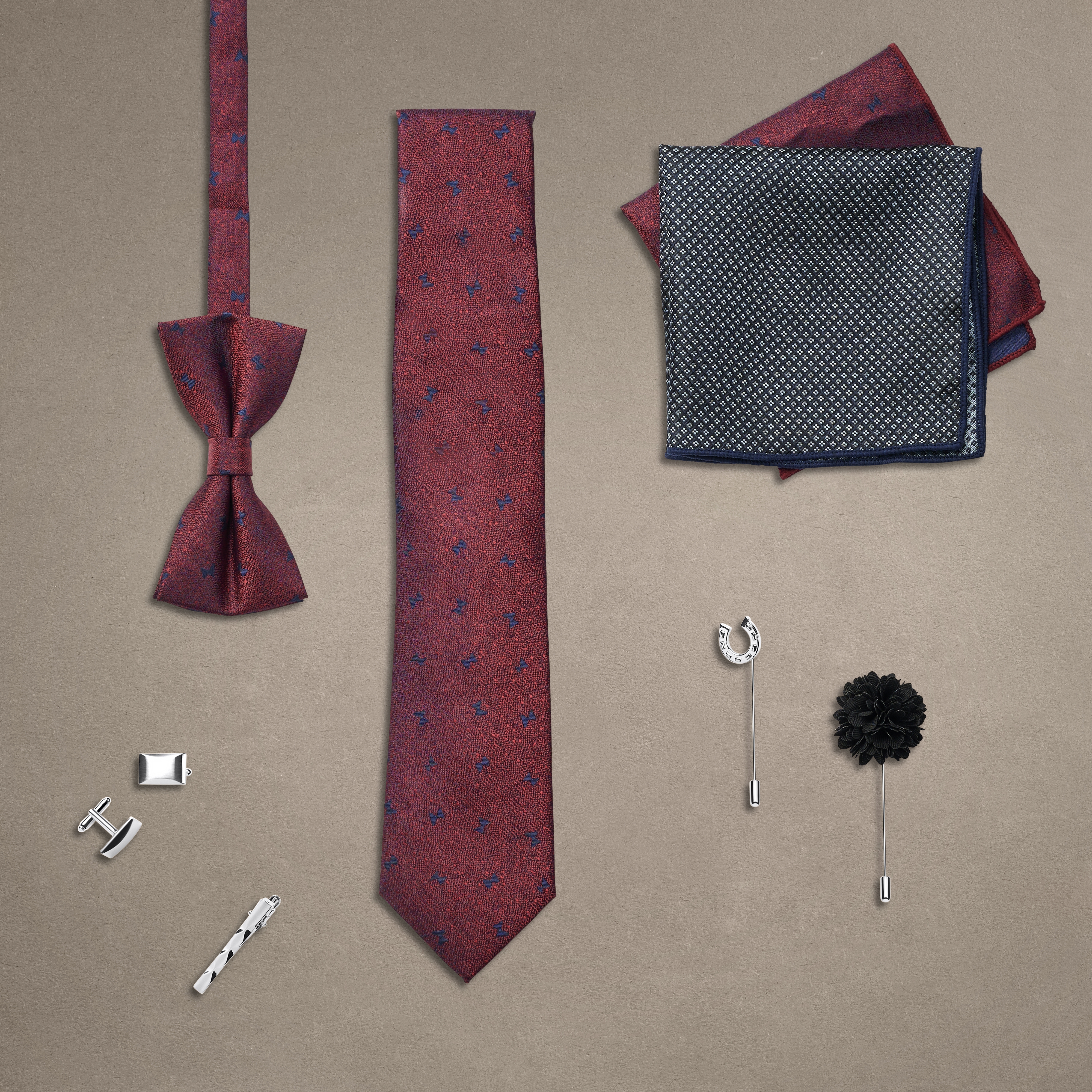 Suit Accessory Gift Box | Crimson & Royal Blue Bow Motif Set - 2