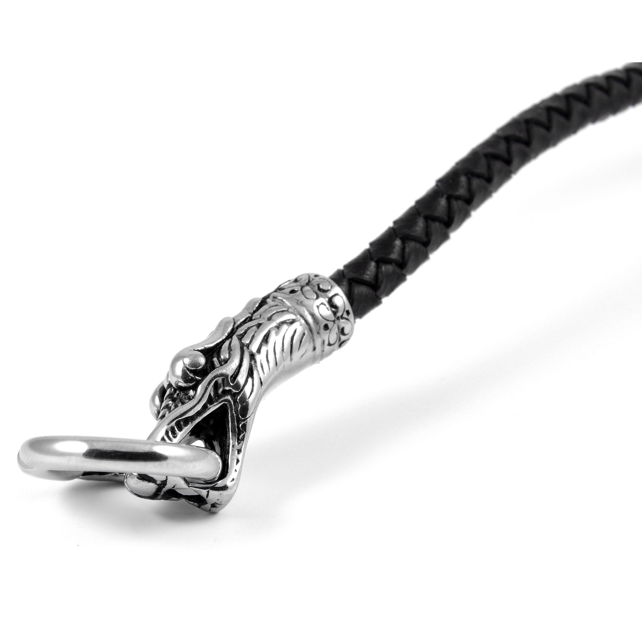 Black Braided Leather Rope & Steel Snake Head Bracelet - 5