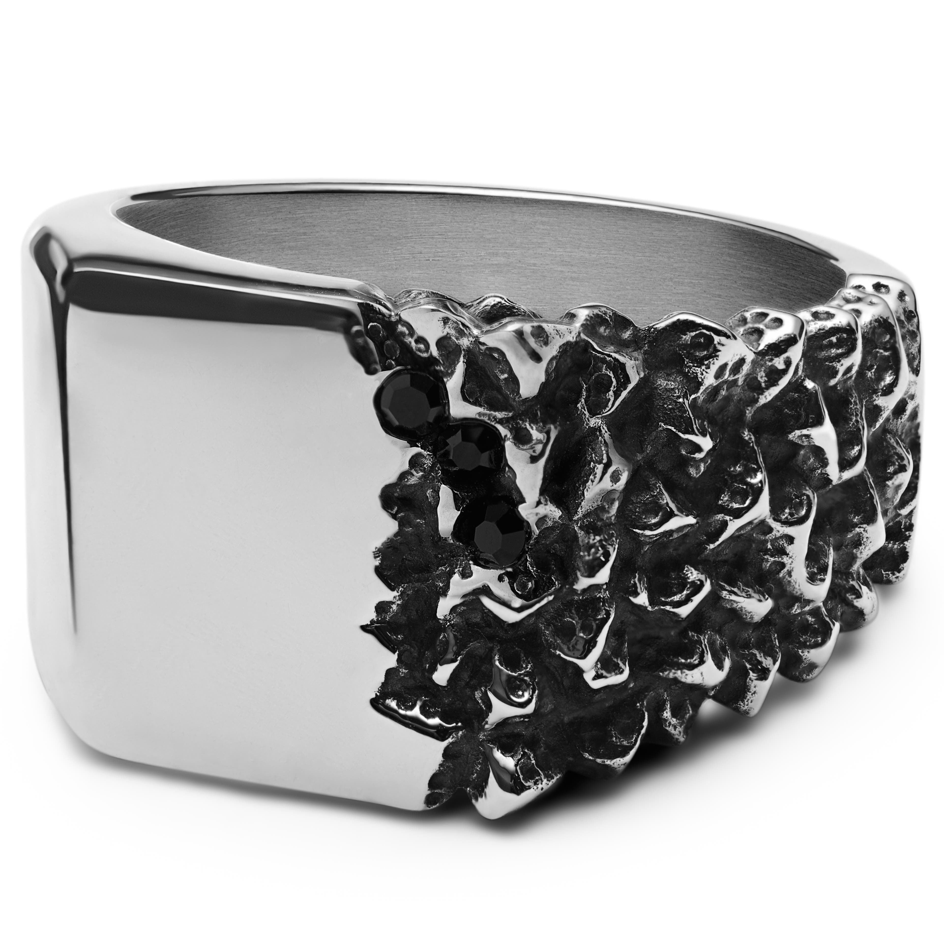 Orphic | Квадратен сребрист стоманен пръстен печат с черен цирконий и вулканични шарки