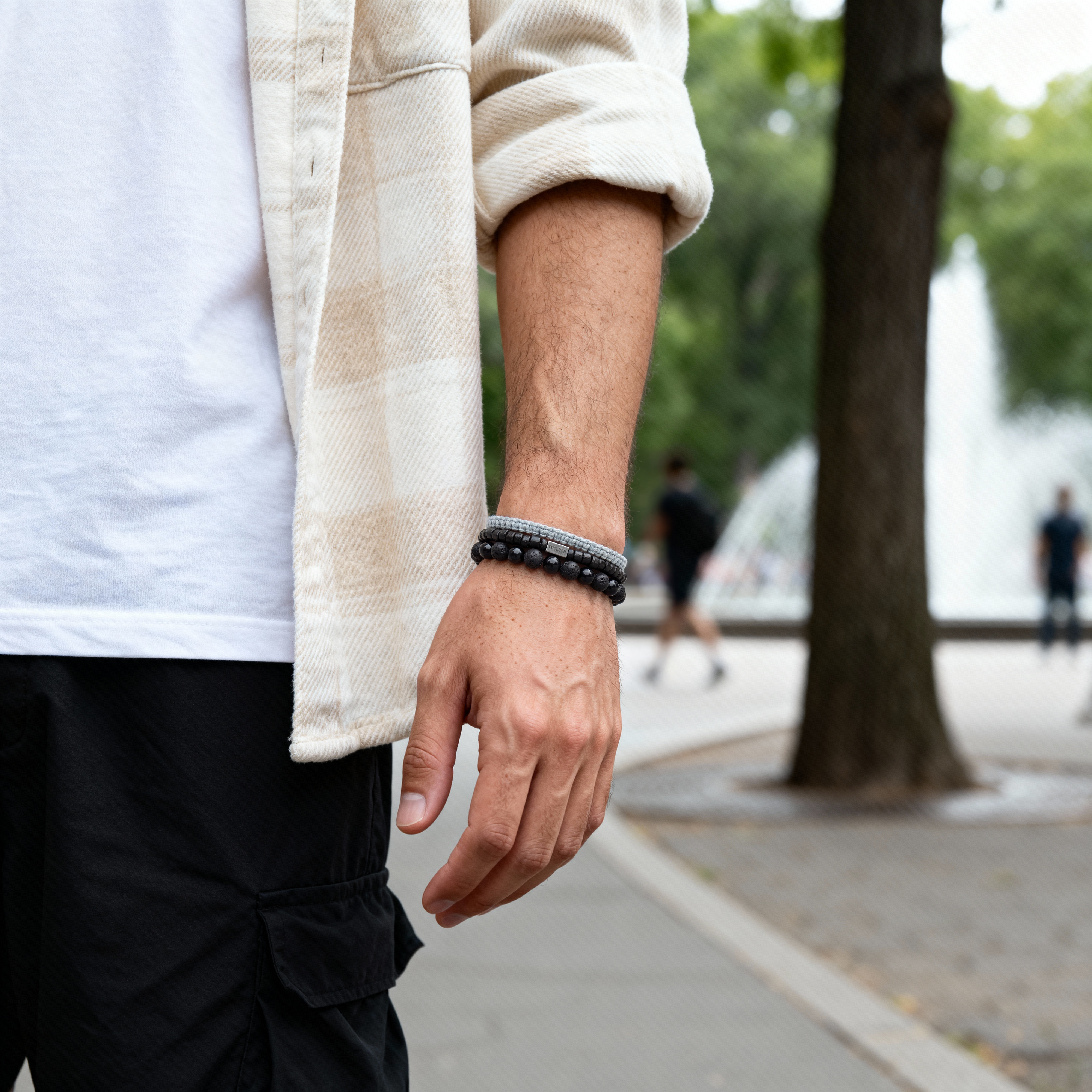 Schwarz & Grau Lava Rock, Onyx, Kokosnuss- und chirurgisches Stahl-Armband-Set - 2