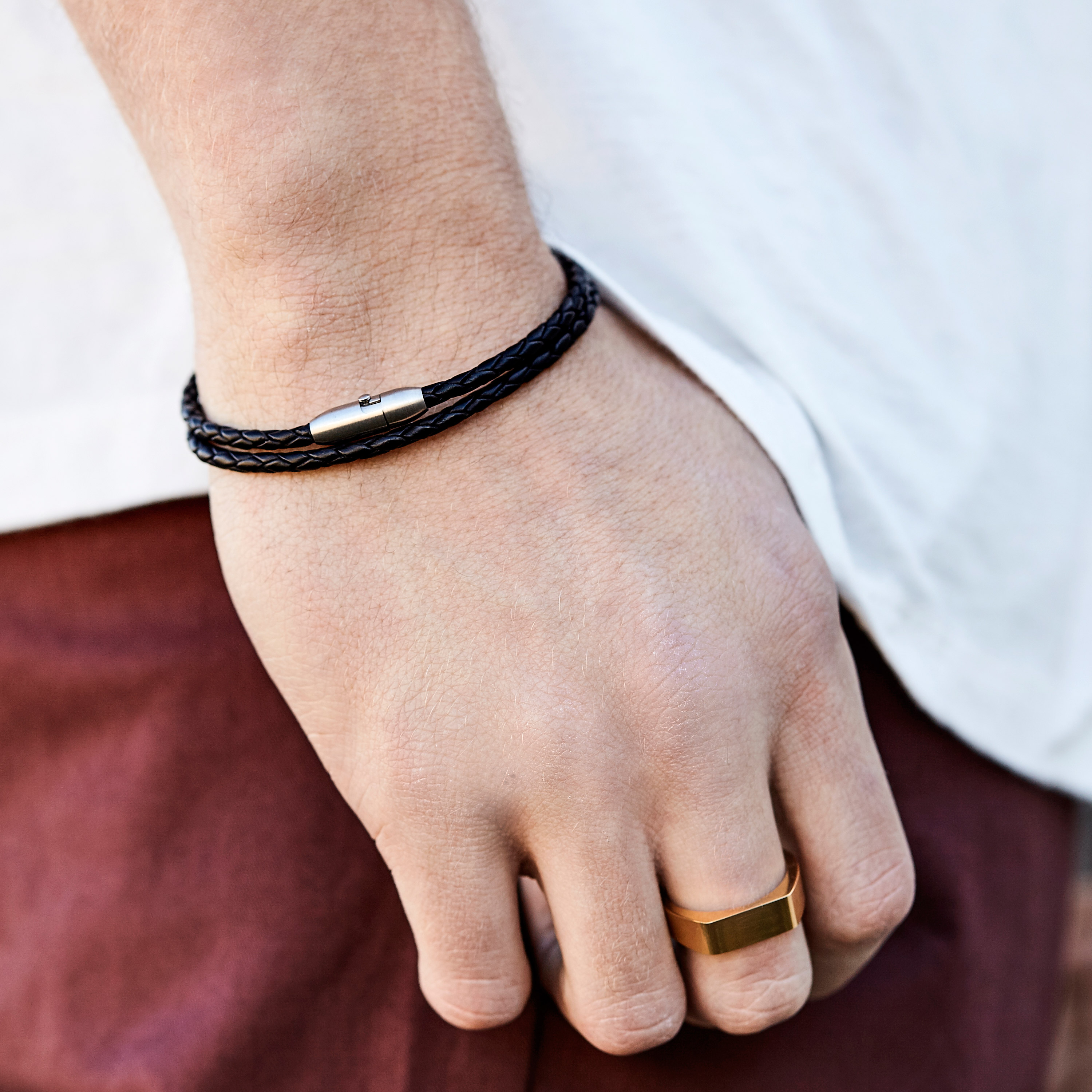 Braccialetto in pelle intrecciata nero 3mm - 4