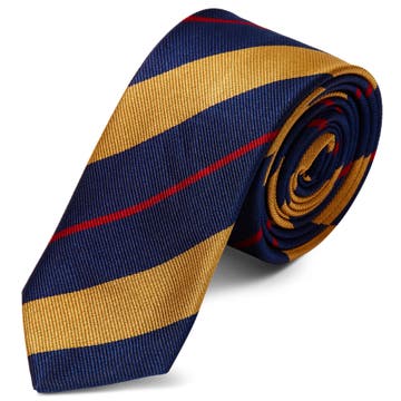 Cravate en soie à rayures bleu marine, rouge et or
