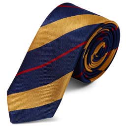 Corbata de 6 cm de seda azul marino con rayas doradas y rojas