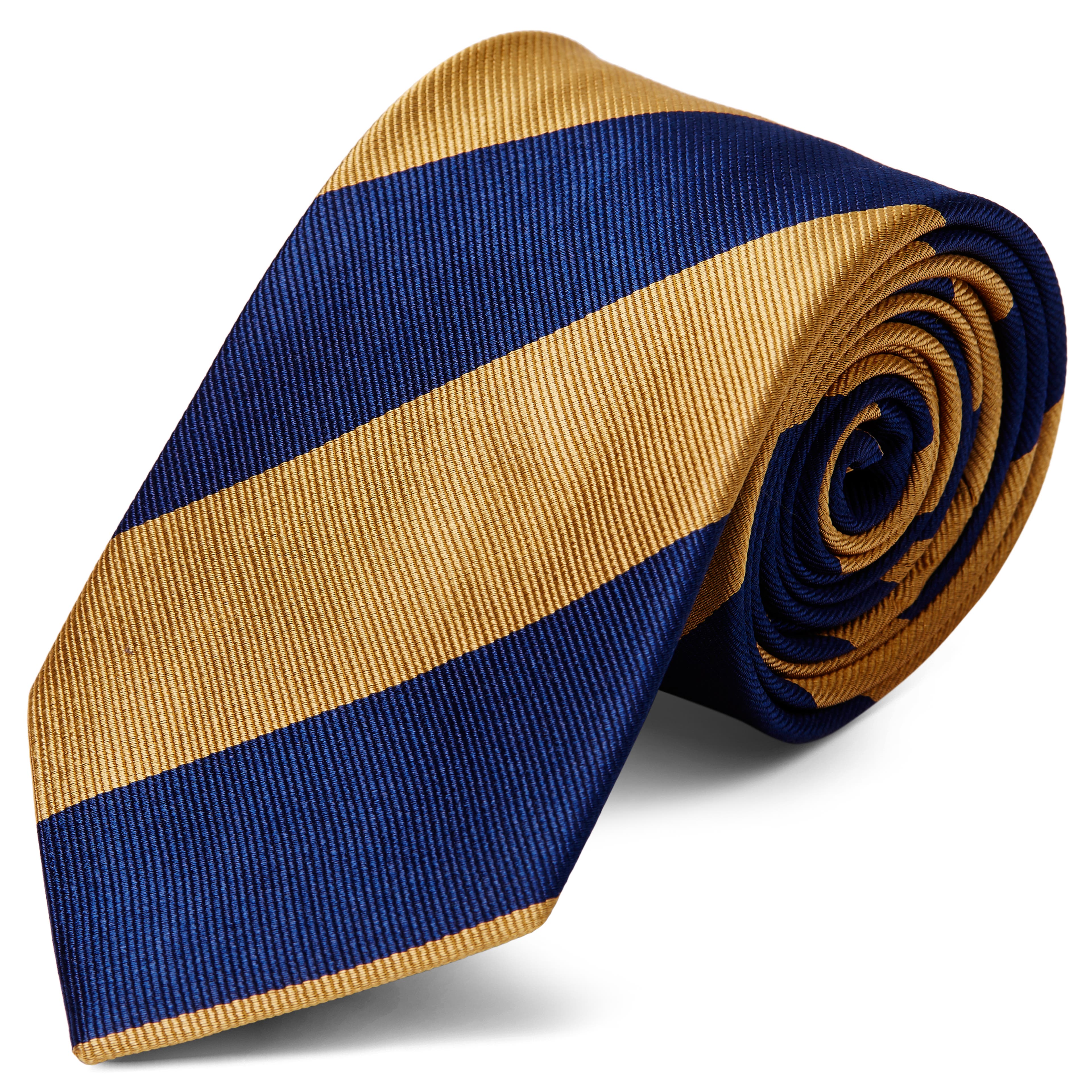 Cravată 8 cm din mătase cu dungi bleumarin și aurii