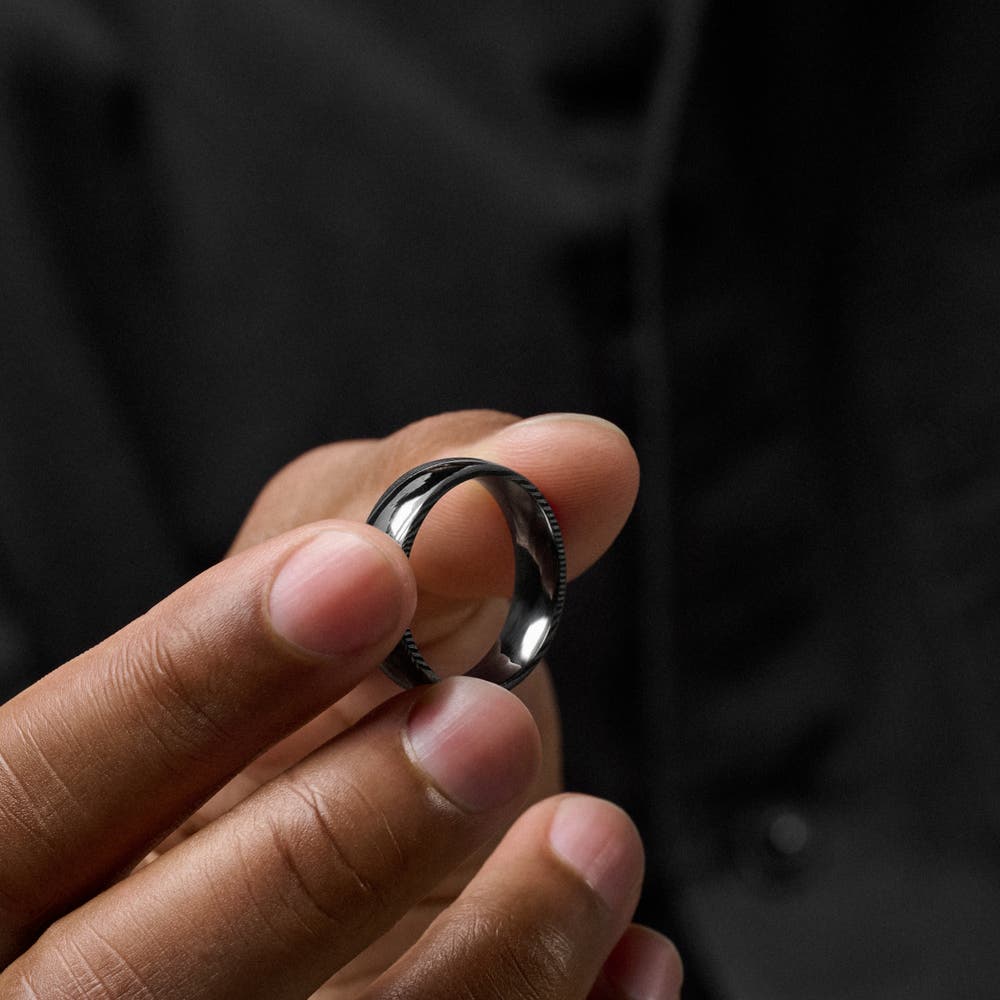 hover: Fortis | 7 mm Gunmetal Damascus Steel and Black Ring hover: Fortis | 7 mm Gunmetal Damascus Steel and Black Ring