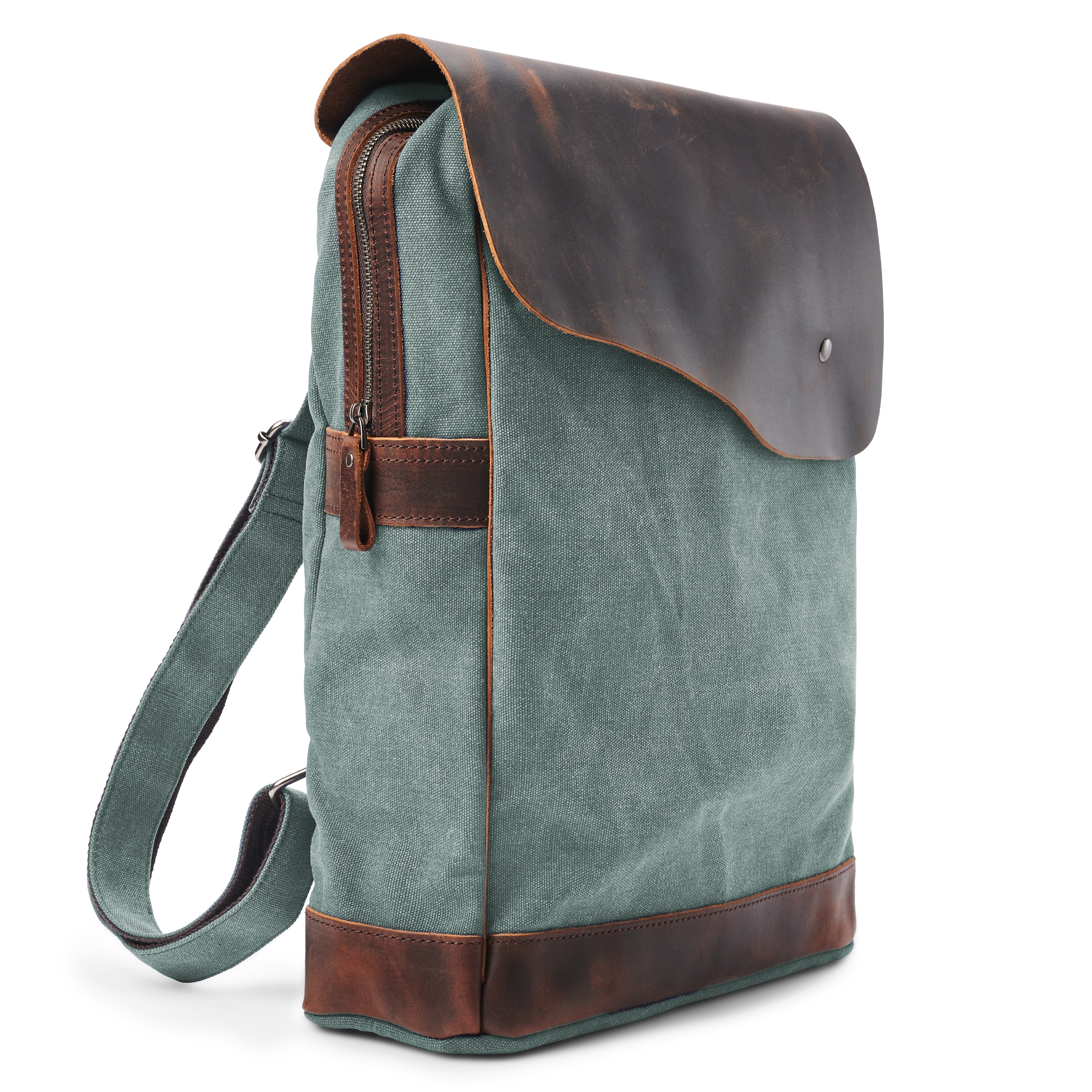 Retro Mint Green Canvas & Dark Leather Backpack - 3