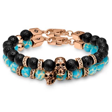 Rico Rose Gold-tone Lava Rock and Turquoise Imperial Jasper Skull Bracelets