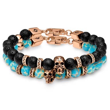 Rico | Roségoudkleurige Schedelarmbanden van Lavasteen en Turquoise Keizerlijke Jaspis Rico | Roségoudkleurige Schedelarmbanden van Lavasteen en Turquoise Keizerlijke Jaspis