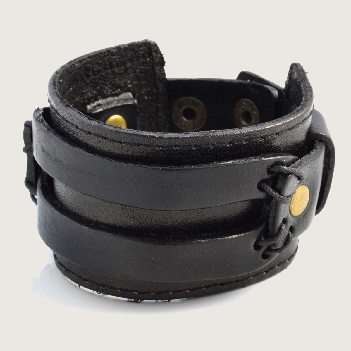 Black & Gold-Tone Leather Wide Wrap Cuff Bracelet | In stock