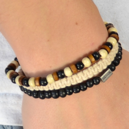 Black & Natural Wooden & Cotton Bracelet Set - 3