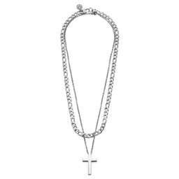 Silver-tone Cross and Figaro Chain Layering Set