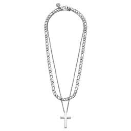 Silver-Tone Stainless Steel Cross & Figaro Necklace Layering Set