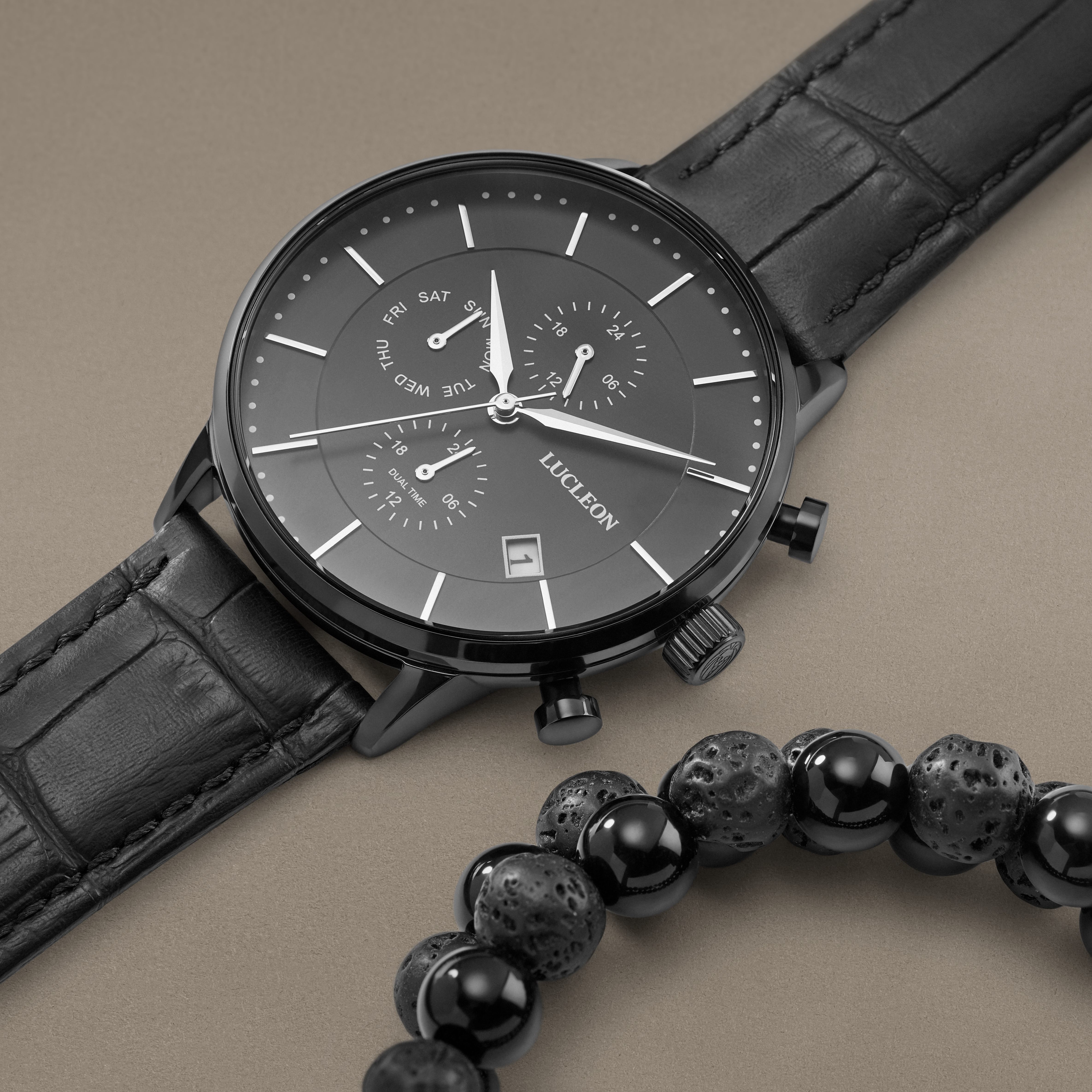 Caja de regalo con reloj multifunción negro y pulsera de piedra de lava y ágata - 4