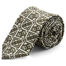 Olive Green & White Patterned Silk Tie