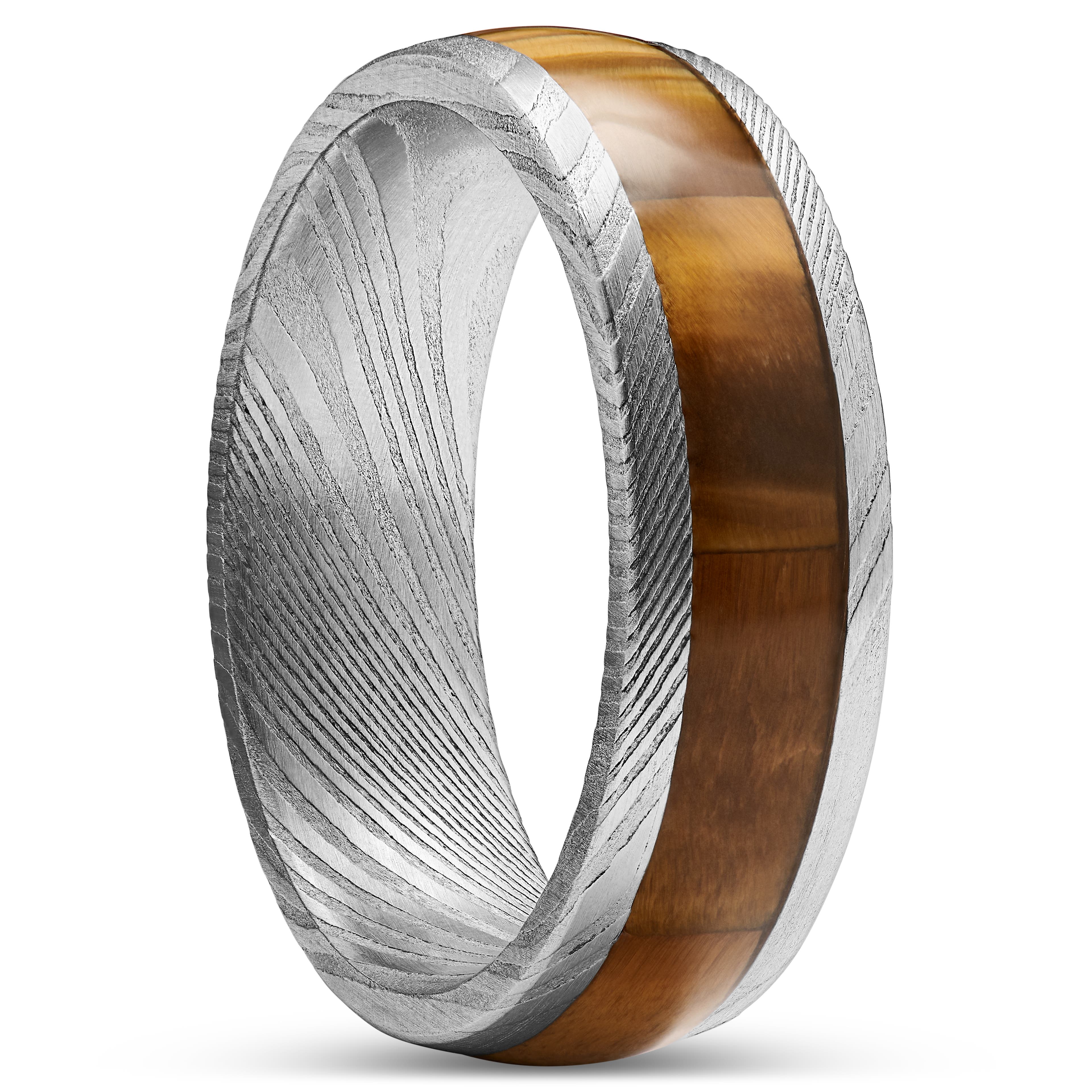 Fortis | 7 mm Gunmetal gray & Silver-Tone Damascus Steel With Tiger's Eye Inlay Ring