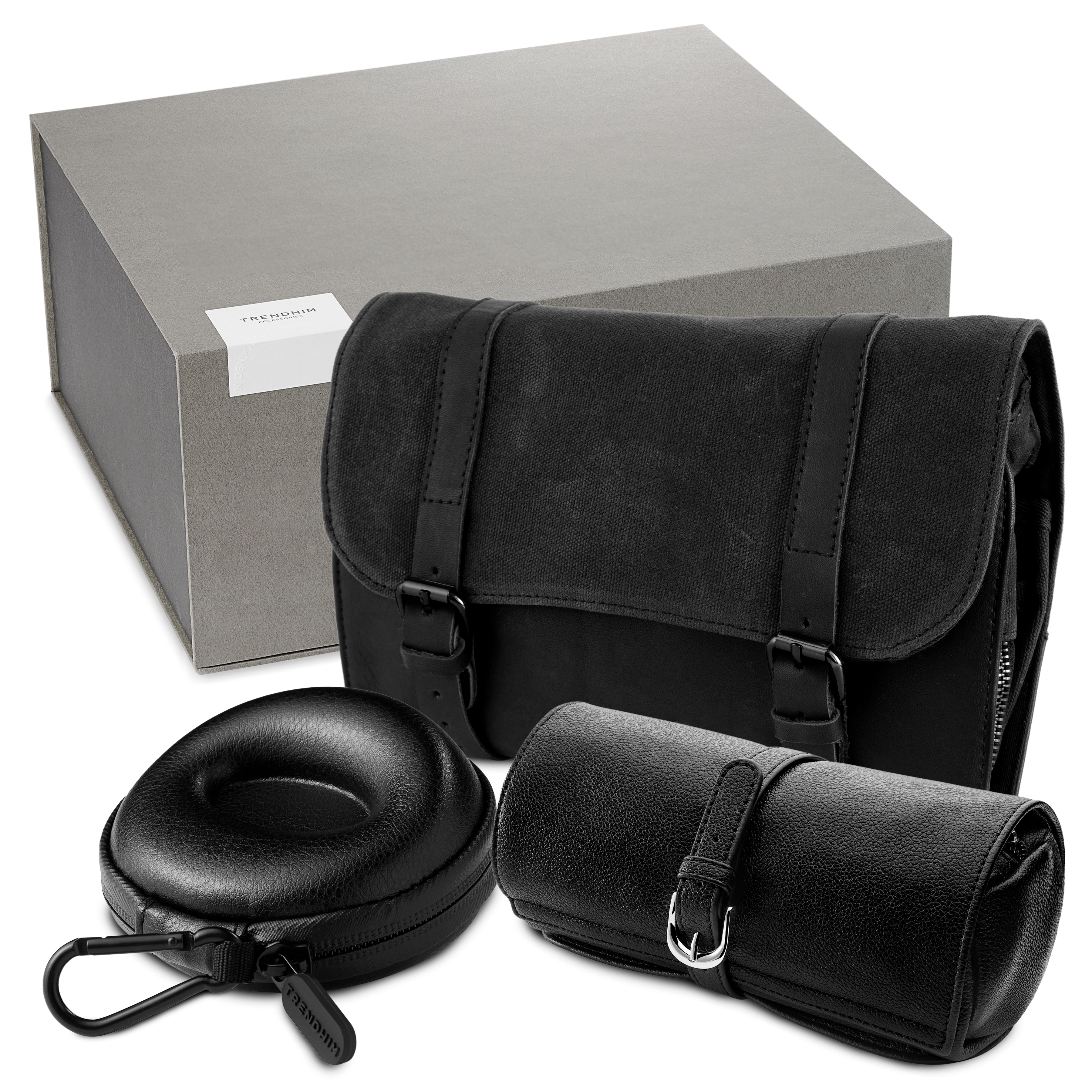 Coffret-cadeau organisateur de voyage de luxe | Cuir noir et toile - 1