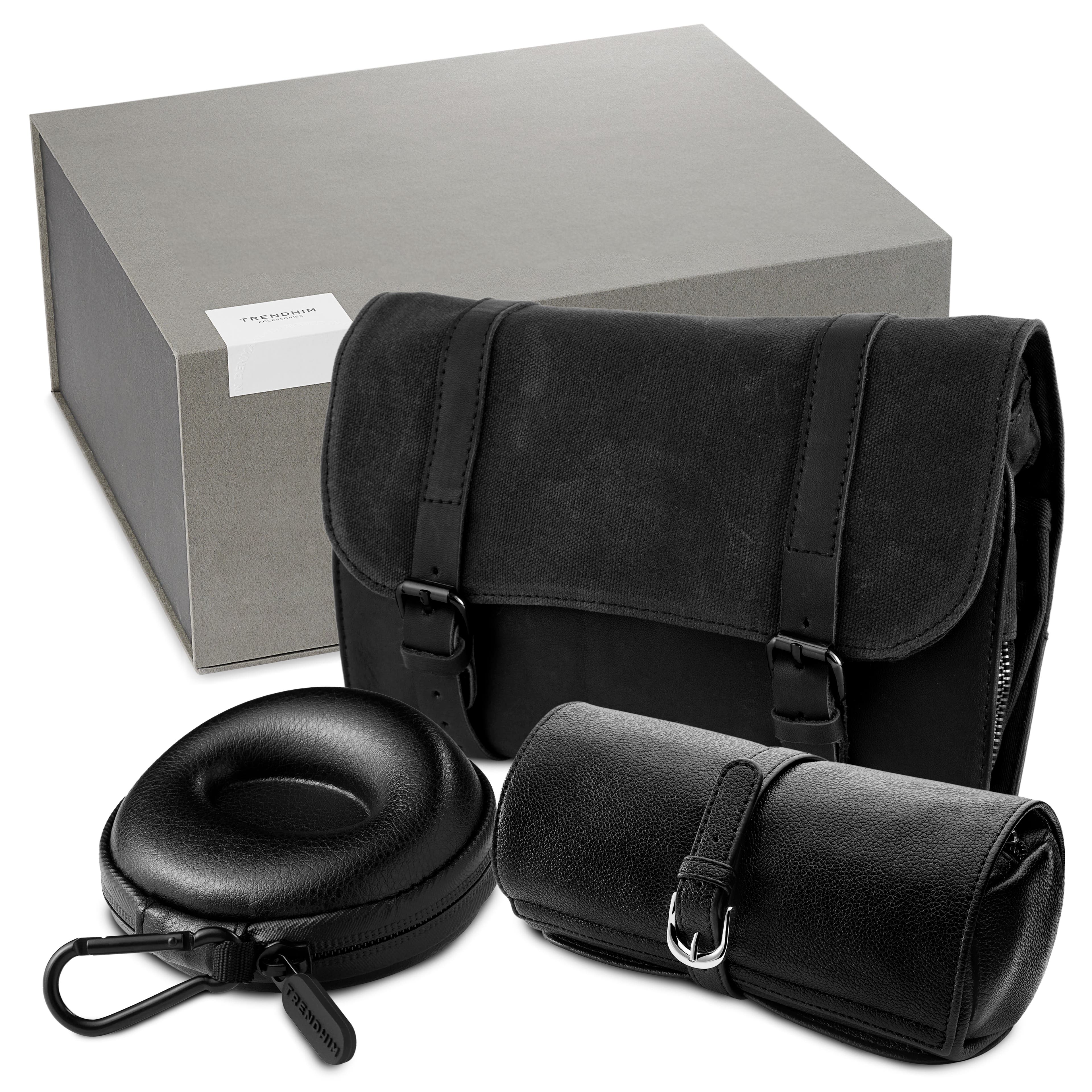 Deluxe Travel Organiser Gift Box | Black Leather & Canvas