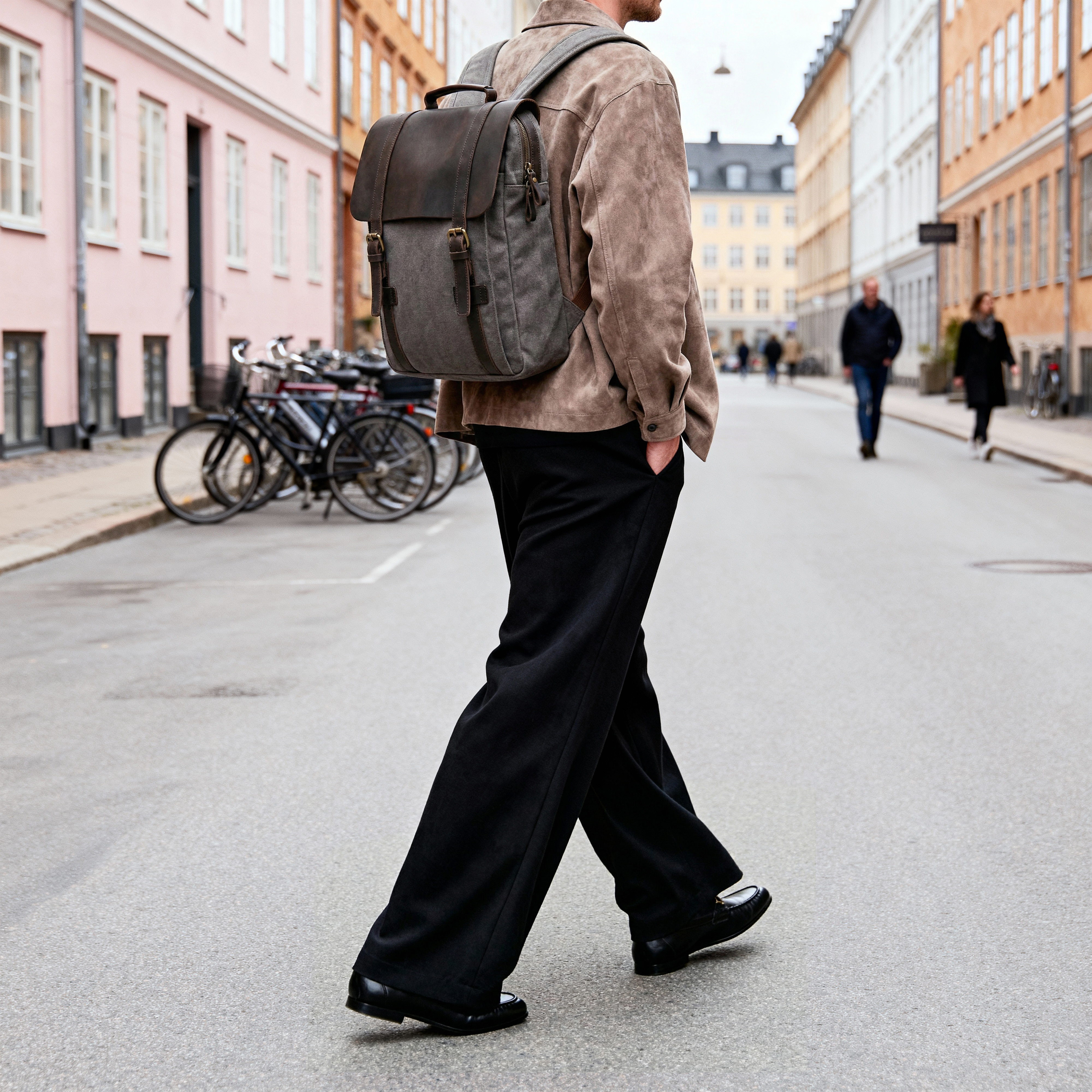 Vintage tamnosivo ruksak od platna i tamne kože - 2