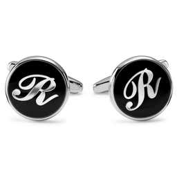 Round Silver-Tone & Black Letter R Initial Cufflinks