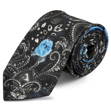 Boho | Black & White Paisley with Blue Roses Silk Tie