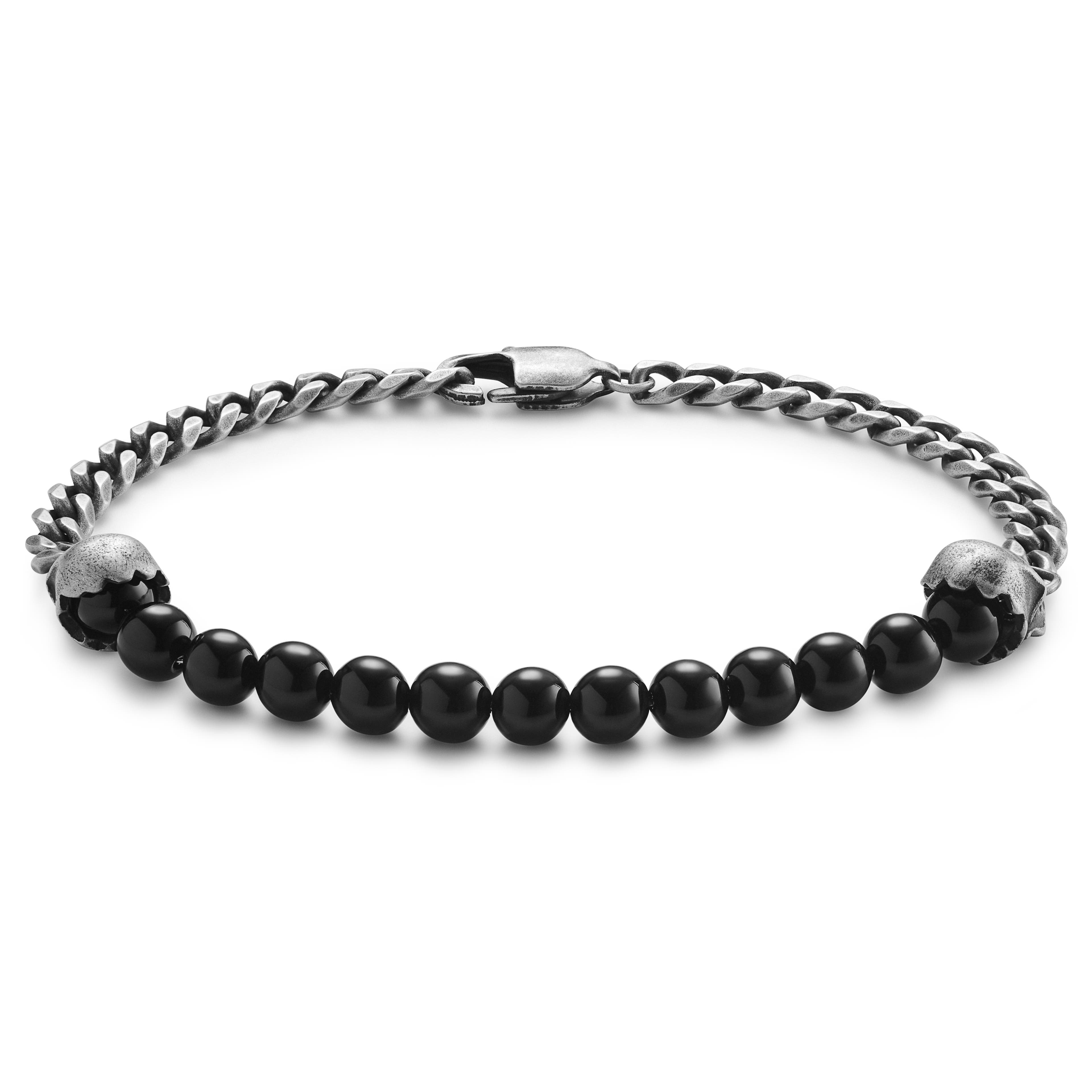 Aspero | Bracelet en perles d'onyx et crânes gris