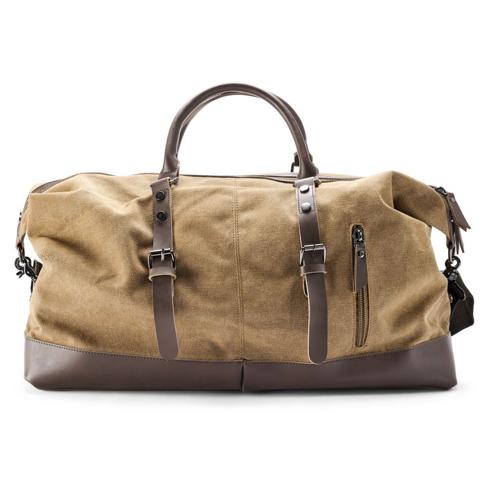 hover: Mustard Yellow Canvas & Brown Leather Duffel Bag hover: Mustard Yellow Canvas & Brown Leather Duffel Bag