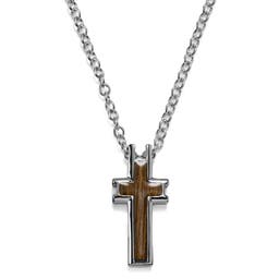 Silver-Tone Stainless Steel & Brown Cross Cable Chain Necklace