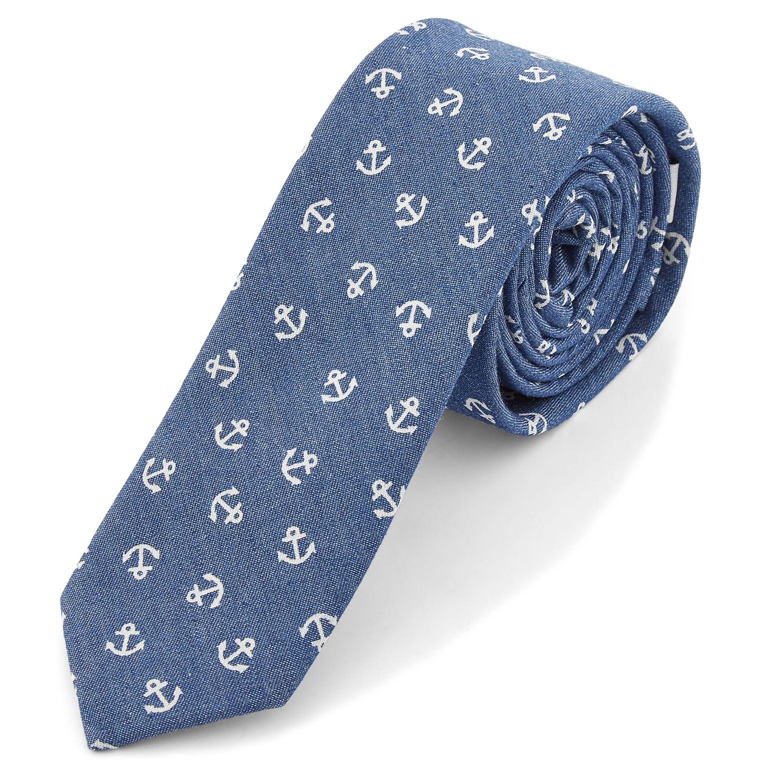 Blue & White Anchor Pattern Cotton Tie Blue & White Anchor Pattern Cotton Tie