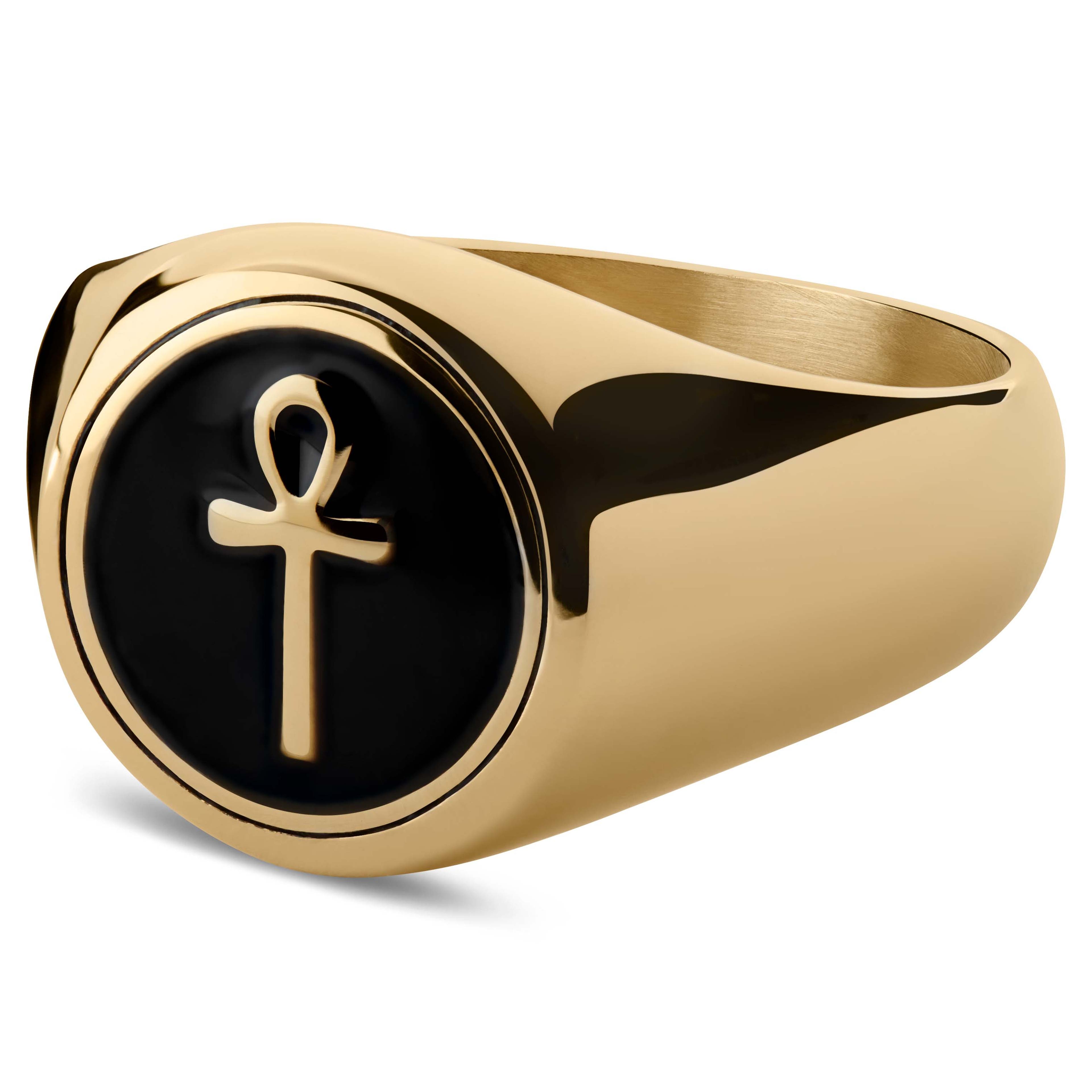 Pečatný prsteň v zlatej farbe so symbolom kríža Ankh 
