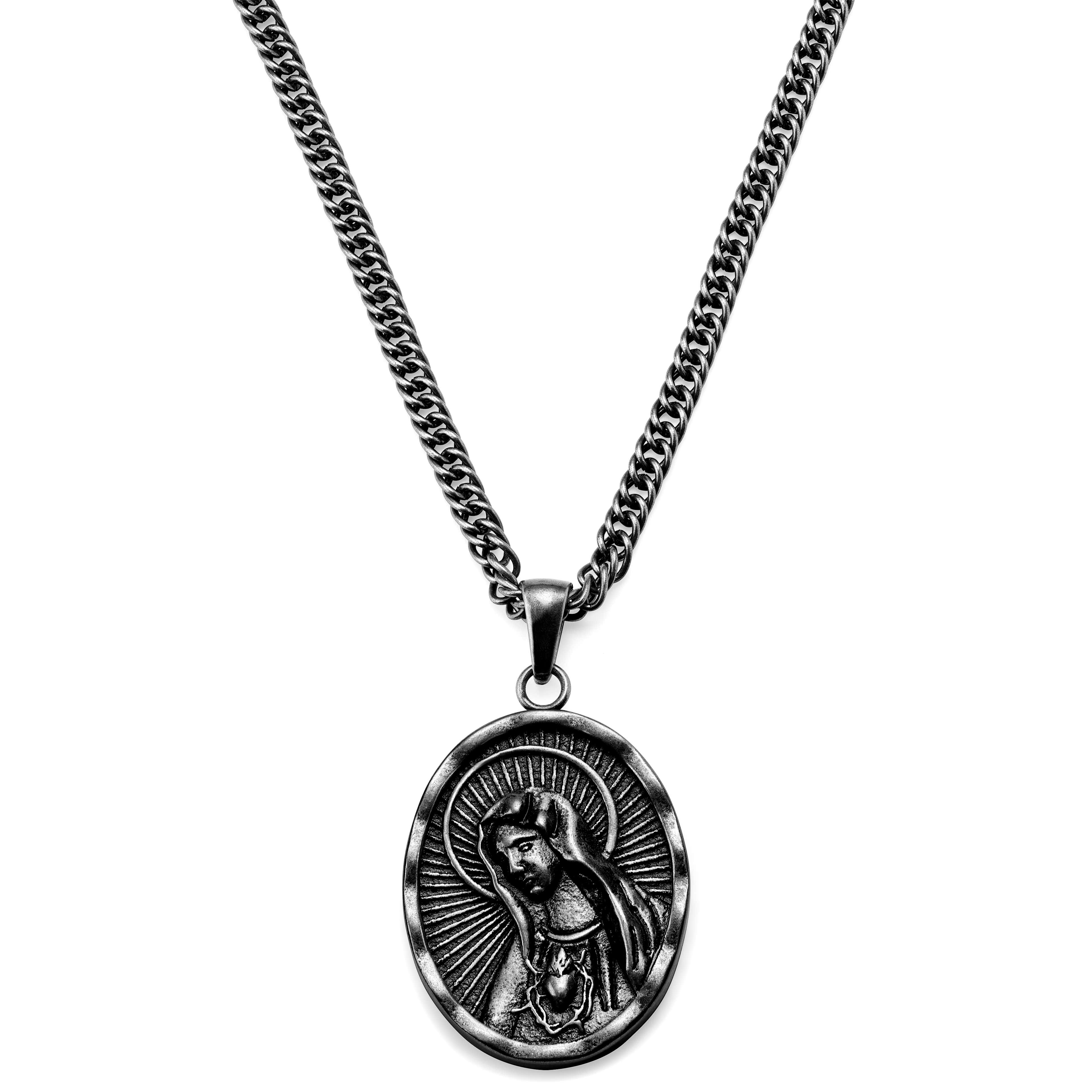 Sanctus | Collana con medaglia Cuore Immacolato di Maria vintage color argento