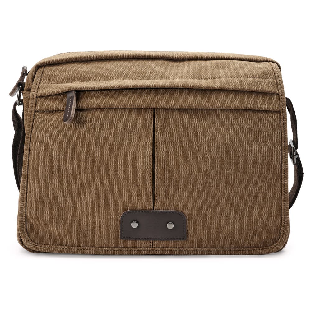 hover: Vintage Caramel Canvas and Brown Leather Messenger Bag hover: Vintage Caramel Canvas and Brown Leather Messenger Bag