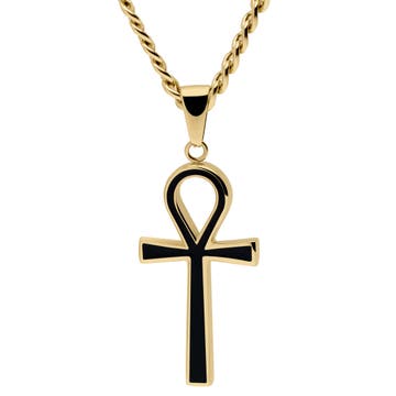 Ankh | Gold-Tone & Black Stainless Steel Ankh Curb Chain Necklace