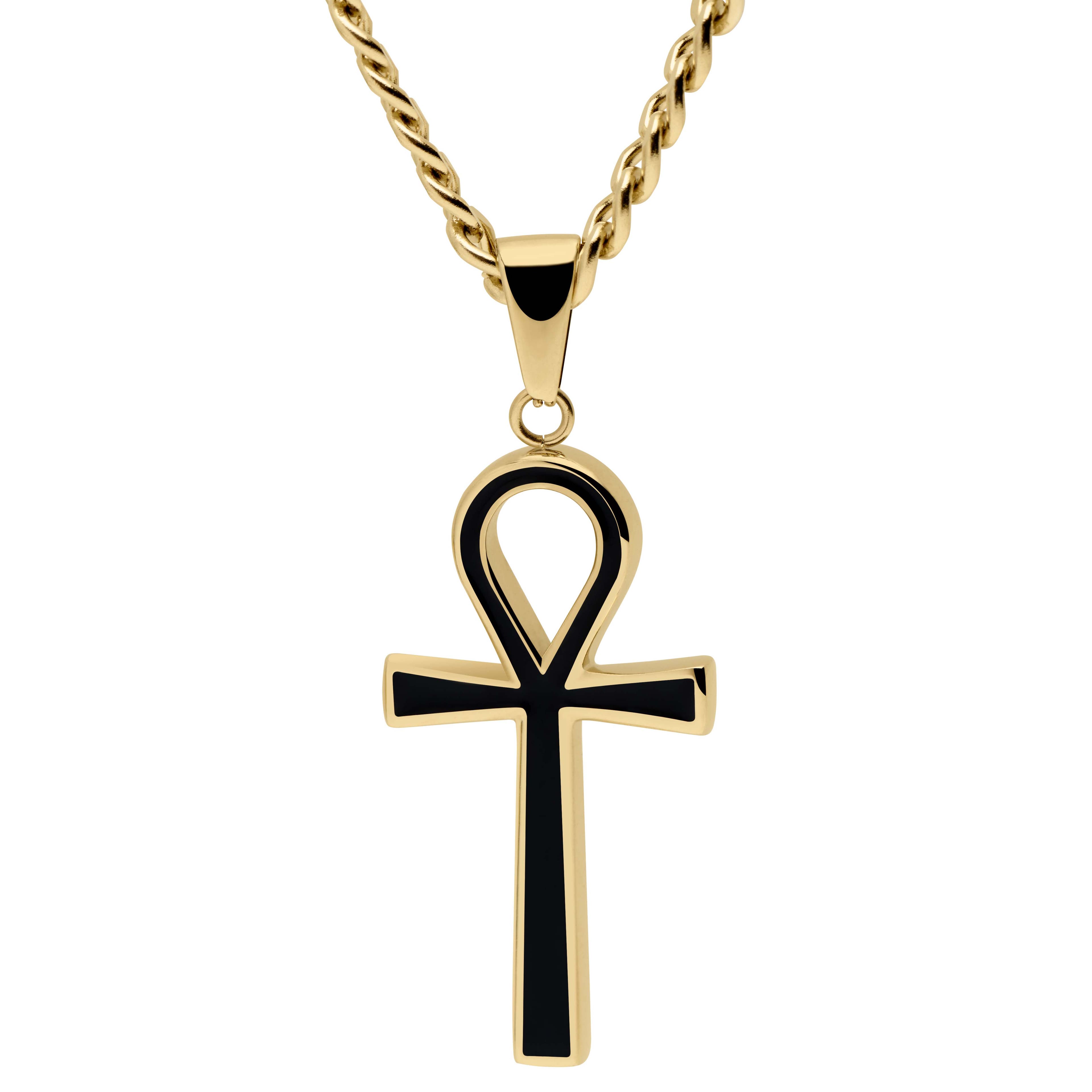 Ankh | Gold-Tone & Black Stainless Steel Ankh Curb Chain Necklace