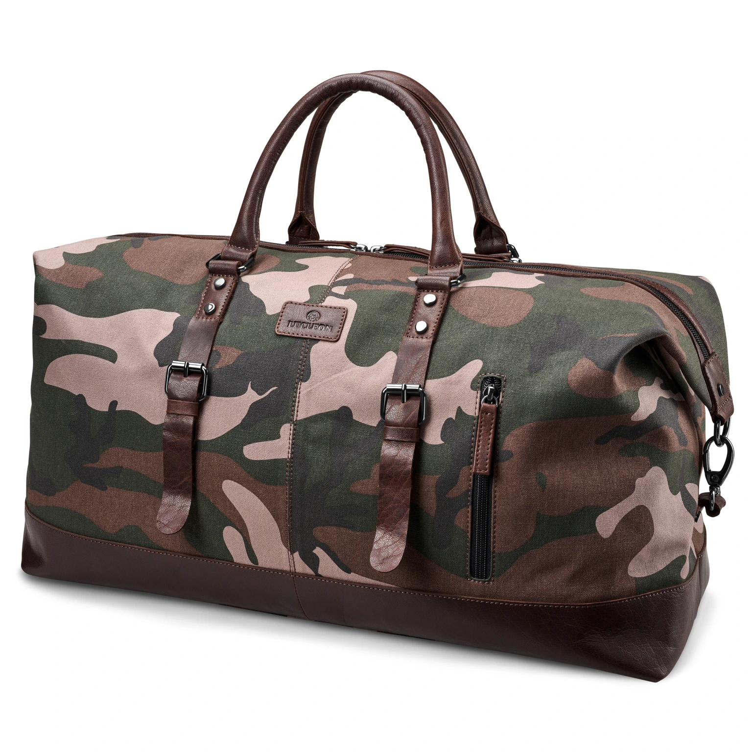 Leaf Pattern Camouflage Canvas & Buffalo Leather Duffel Bag Leaf Pattern Camouflage Canvas & Buffalo Leather Duffel Bag