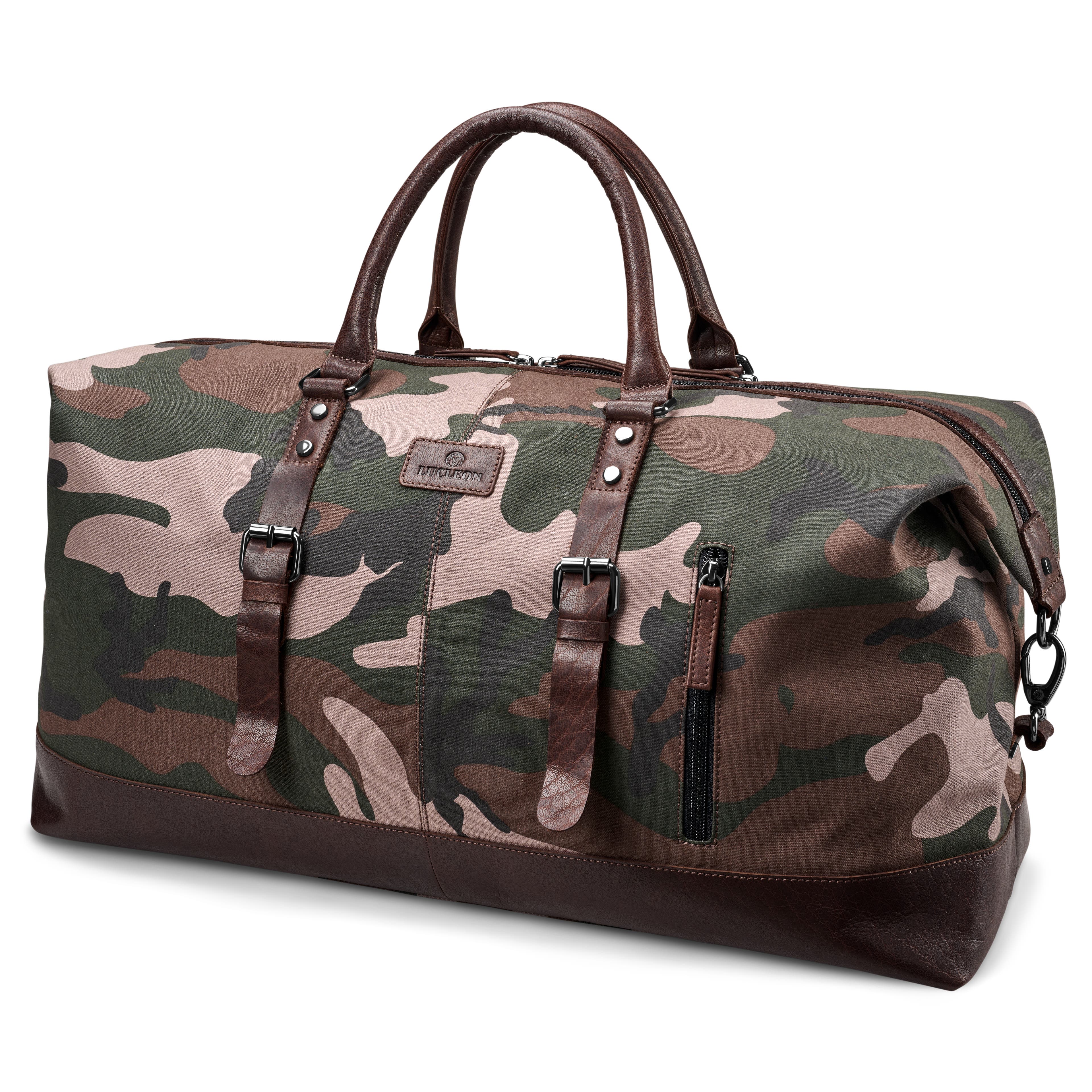 Bolso deportivo de lona de camuflaje con estampado de hojas y piel de búfalo Bolso deportivo de lona de camuflaje con estampado de hojas y piel de búfalo