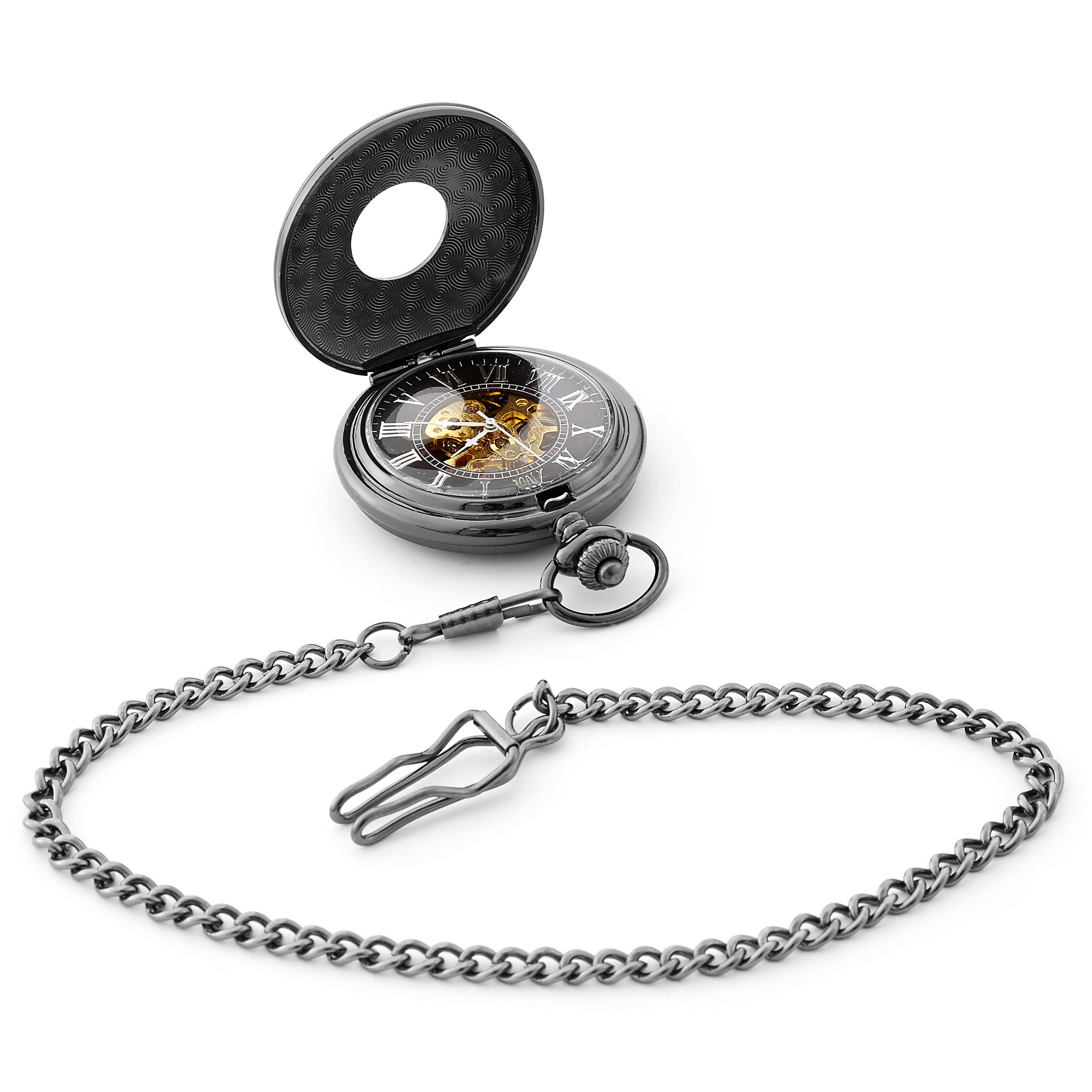 Small Black Ornate Skeleton Pocket Watch With Gold-Tone Movement & Black Cable Chain - 6