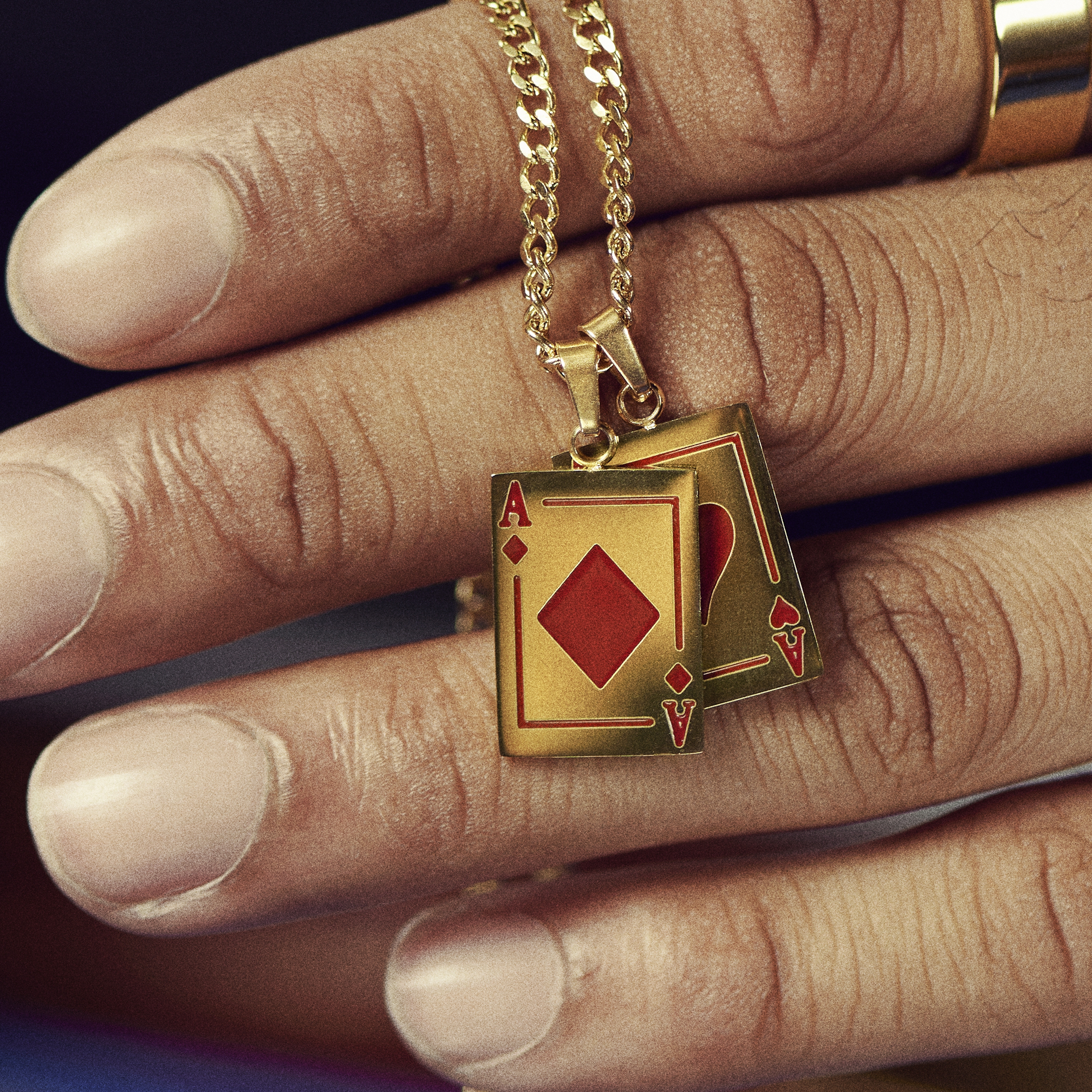 Ace | Gold-tone Red Ace Pair Double Pendant Necklace | In Ace | Gold-tone Red Ace Pair Double Pendant Necklace | In